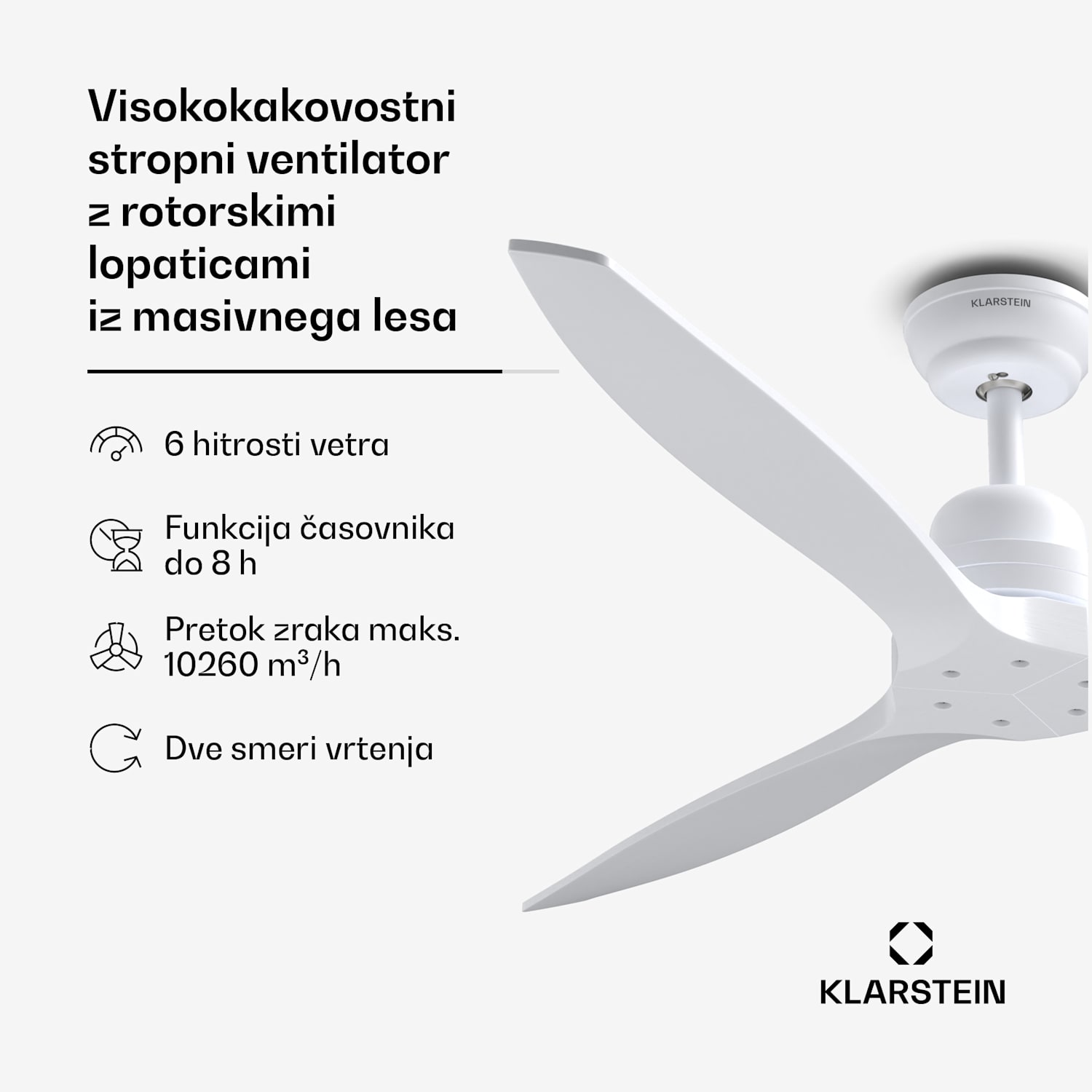 Santa Elena 52" stropni ventilator, 9 060 m³/h, 6 nastavitev hitrosti, daljinski upravljalnik 132 cm (sobe 13–25 m²) | Daljinski upravljalnik | Bela