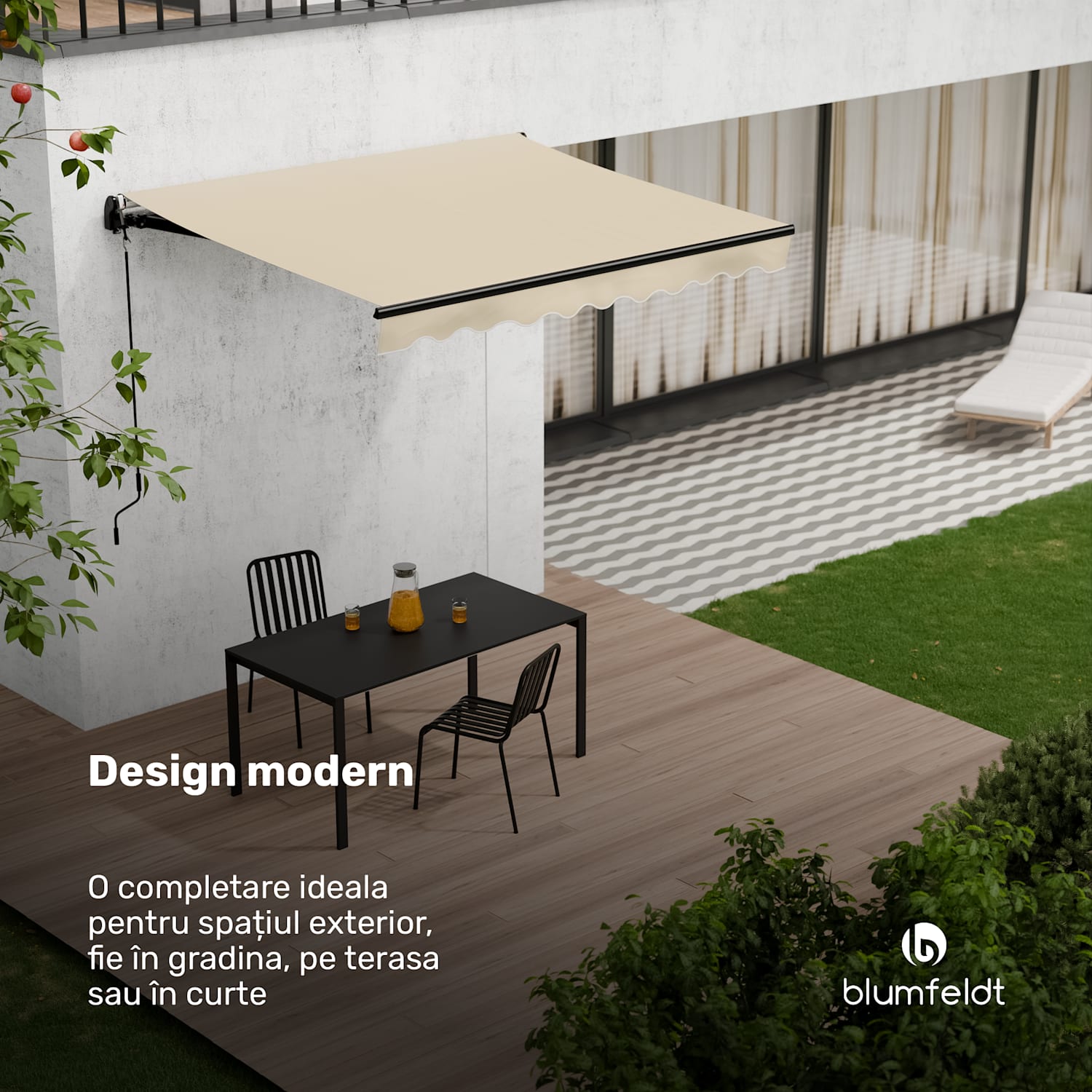 Copertină CloudShade, Control inteligent, Protecție UV, Montaj pe perete 250 cm | Copertina cu braț pliabil deschis | Bej