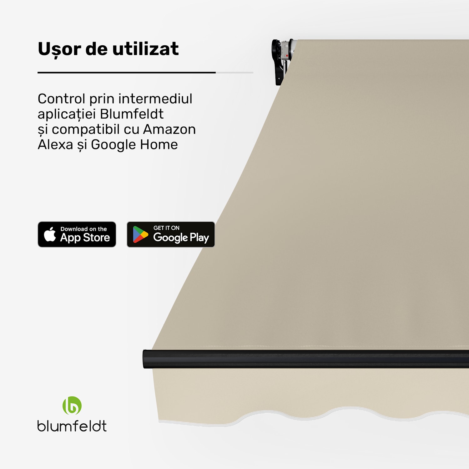 Copertină CloudShade, Control inteligent, Protecție UV, Montaj pe perete 295 cm | Copertina cu braț pliabil deschis | Bej