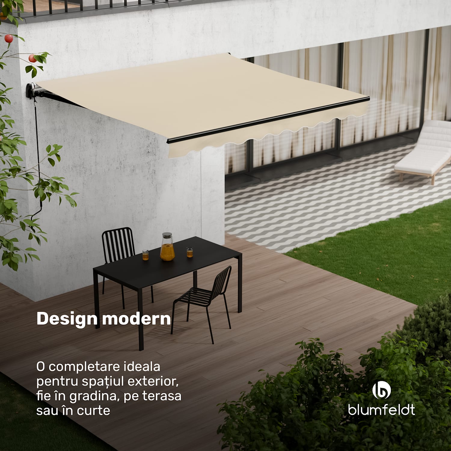 Copertină CloudShade, Control inteligent, Protecție UV, Montaj pe perete 295 cm | Copertina cu braț pliabil deschis | Bej