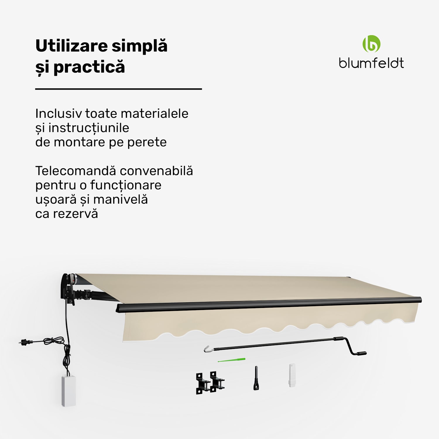 Copertină CloudShade, Control inteligent, Protecție UV, Montaj pe perete 295 cm | Copertina cu braț pliabil deschis | Bej