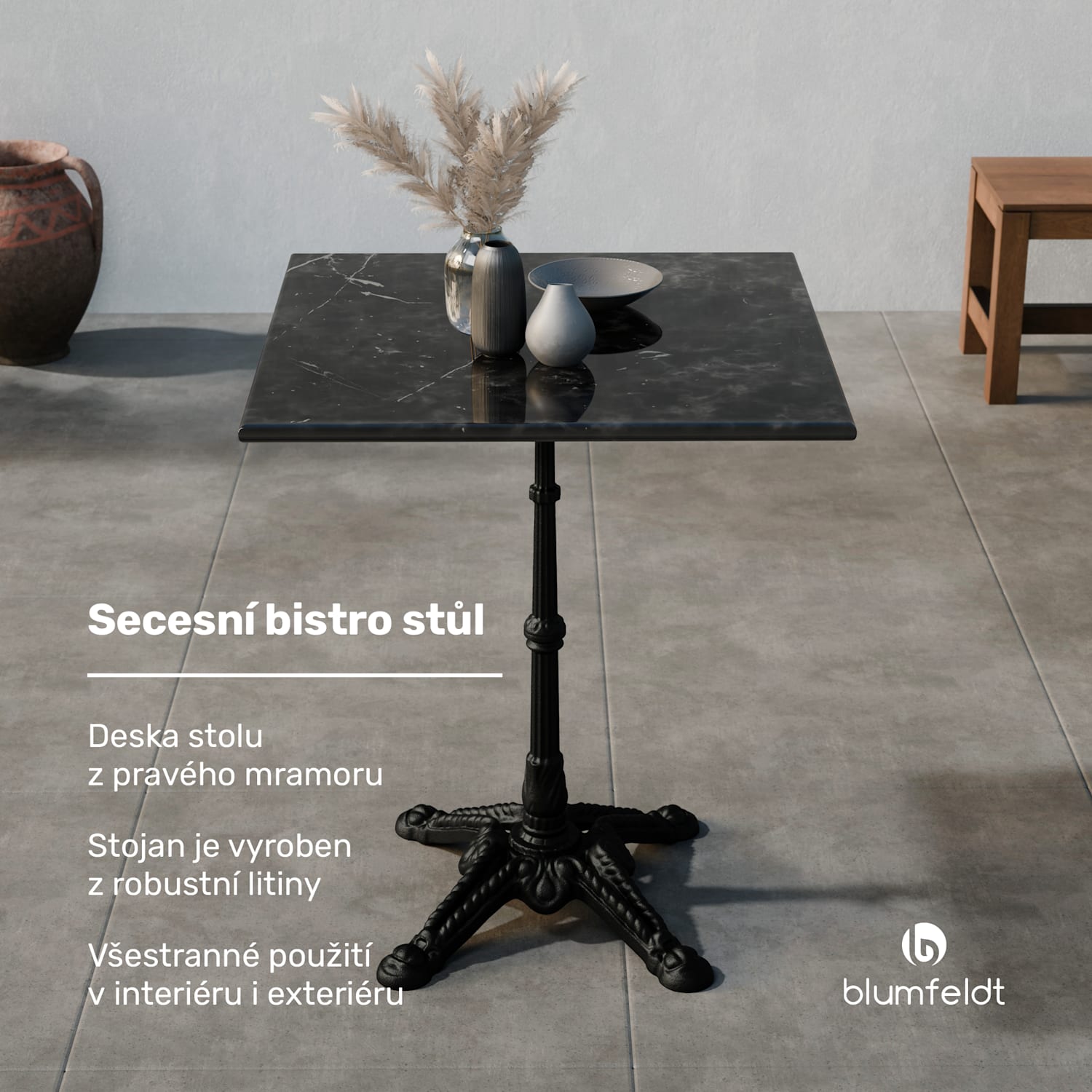 Patras, bistro stůl, mramorová deska, 60 x 60 cm, podstavec z litiny Černá