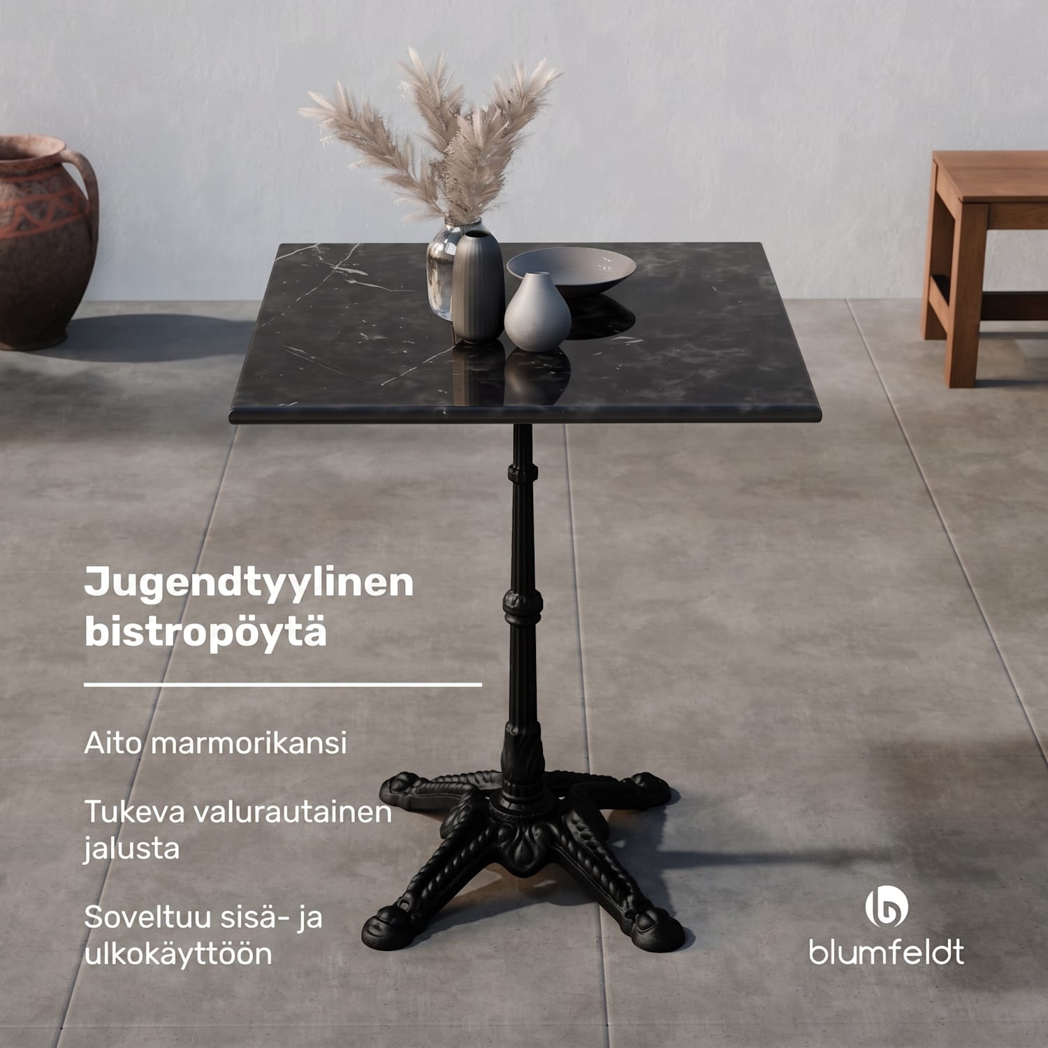 Patras bistropöytä marmoripöytälevy 60 x 60 cm valurautainen jalusta Musta