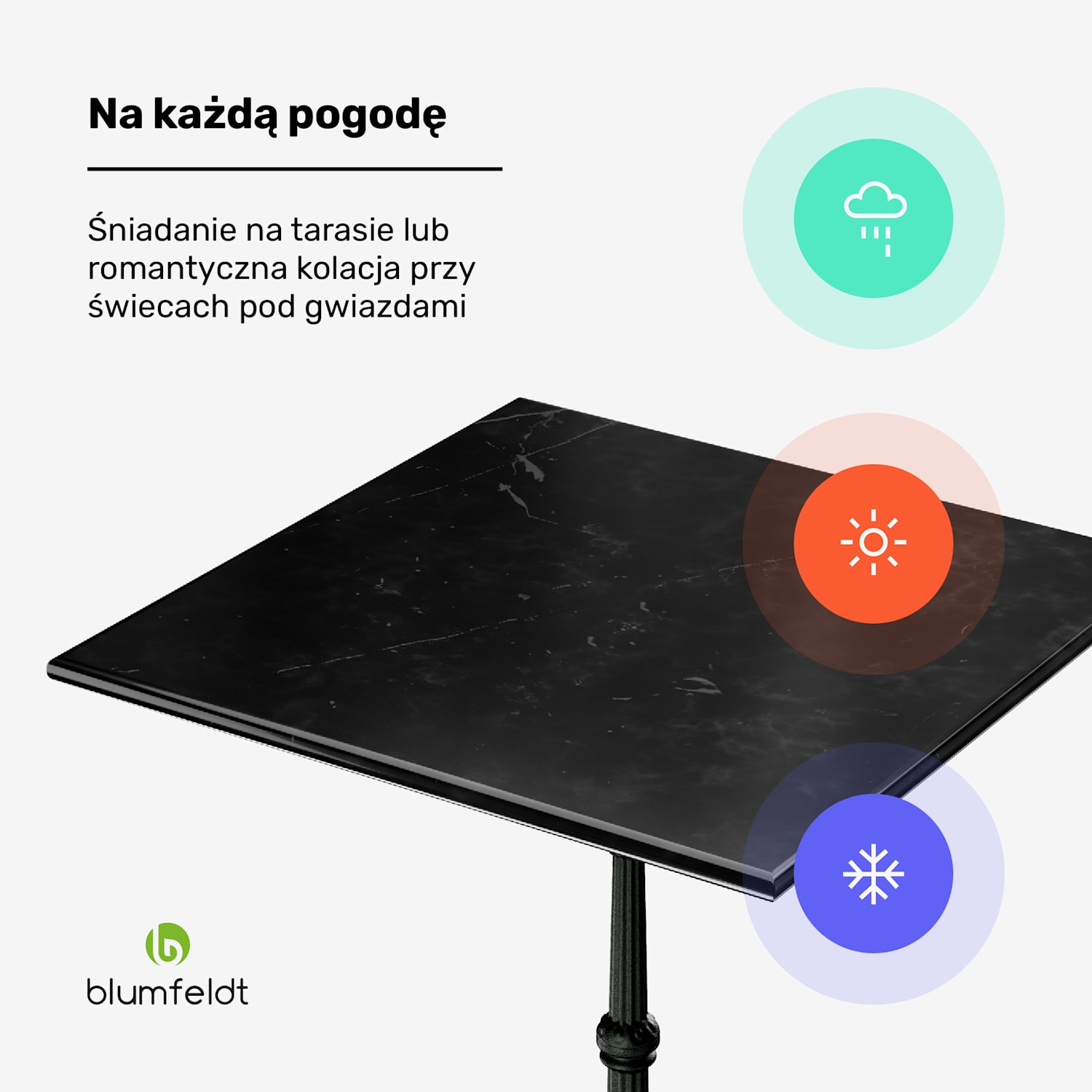 Patras stolik bistro marmurowy blat 60 x 60 cm, żeliwna podstawa Czarny