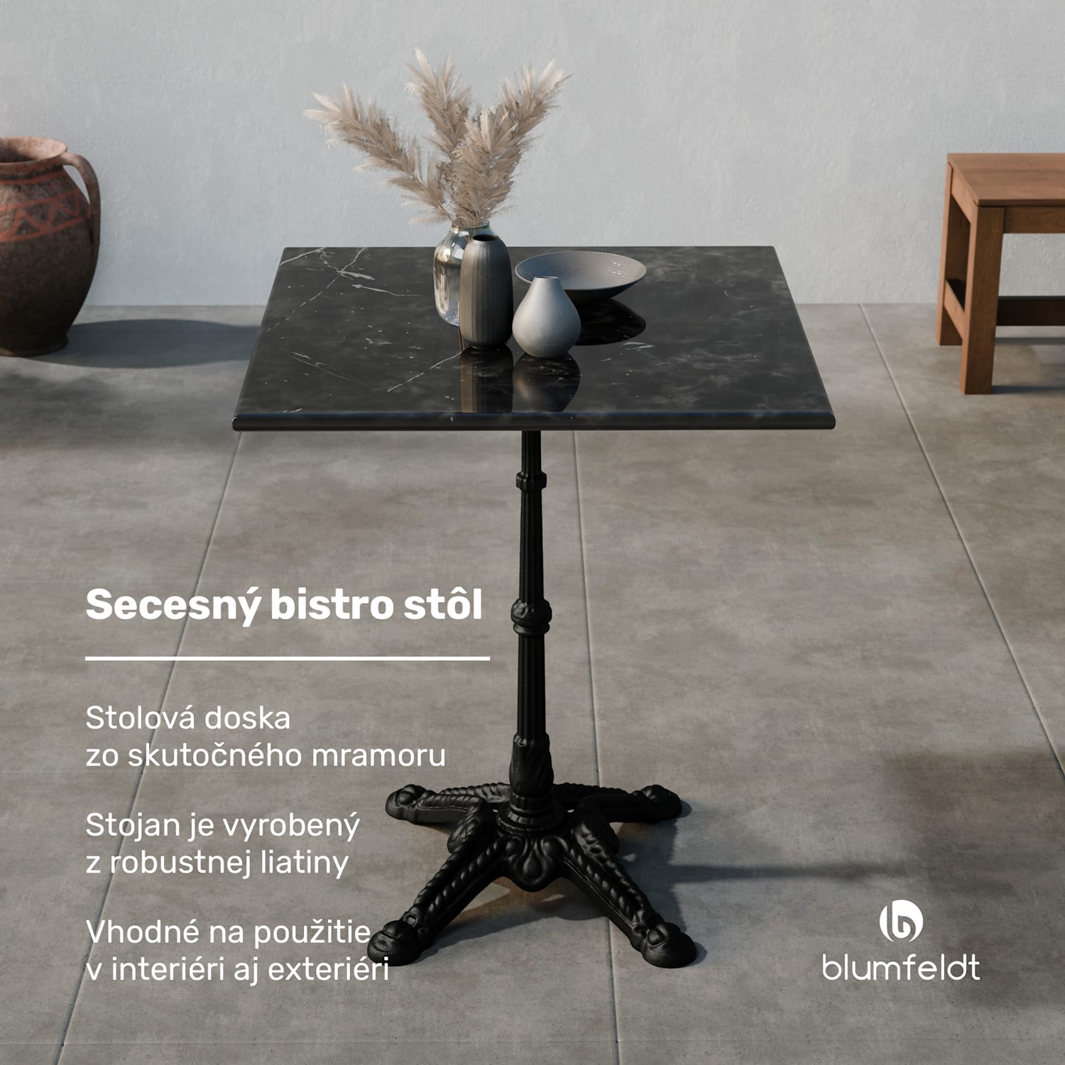Patras, bistro stôl, mramorová stolová doska, 60 x 60 cm, podstavec z liatiny Čierna