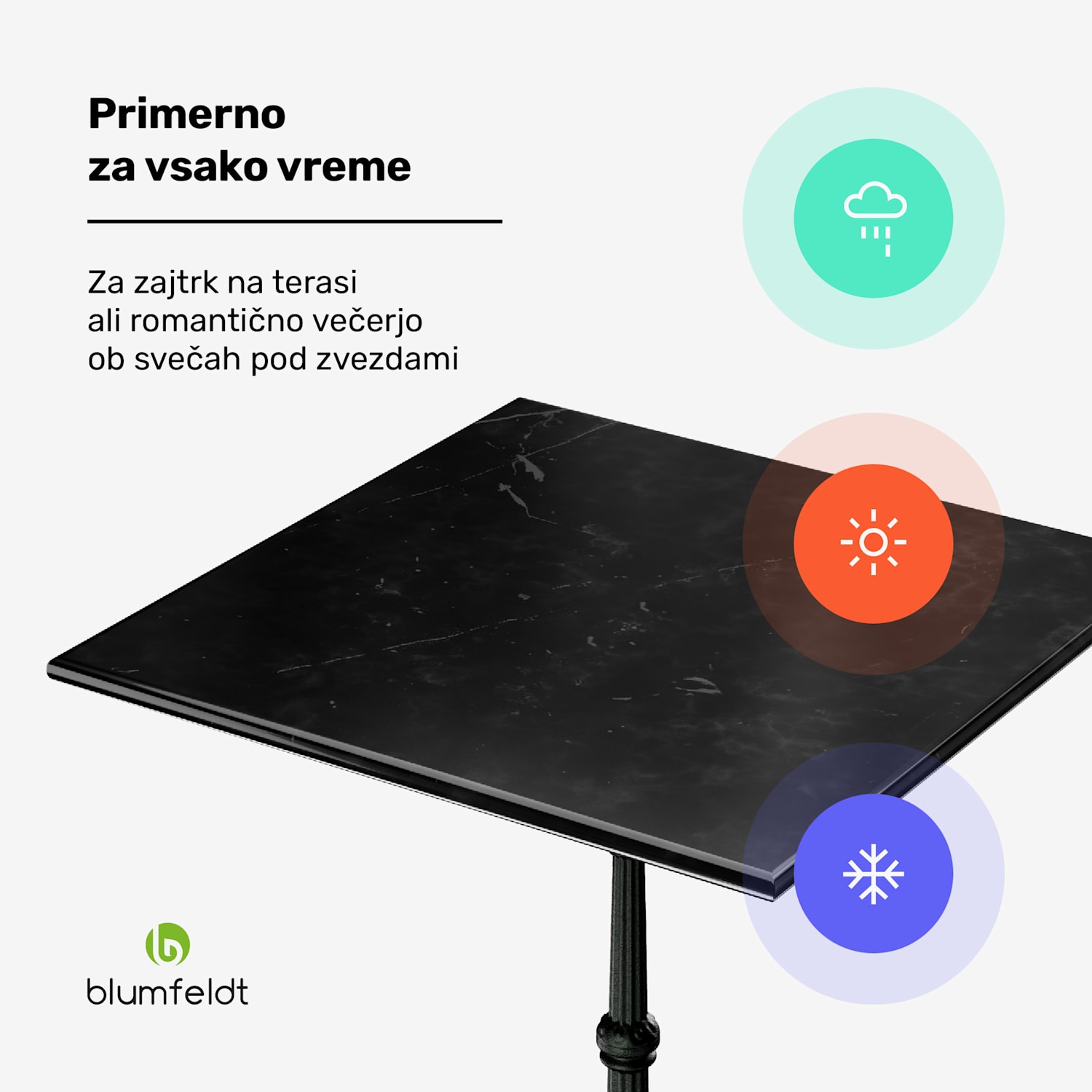 Patras, bistro miza, mizna plošča iz marmorja, 60 x 60 cm, podstavek iz litega železa Črna