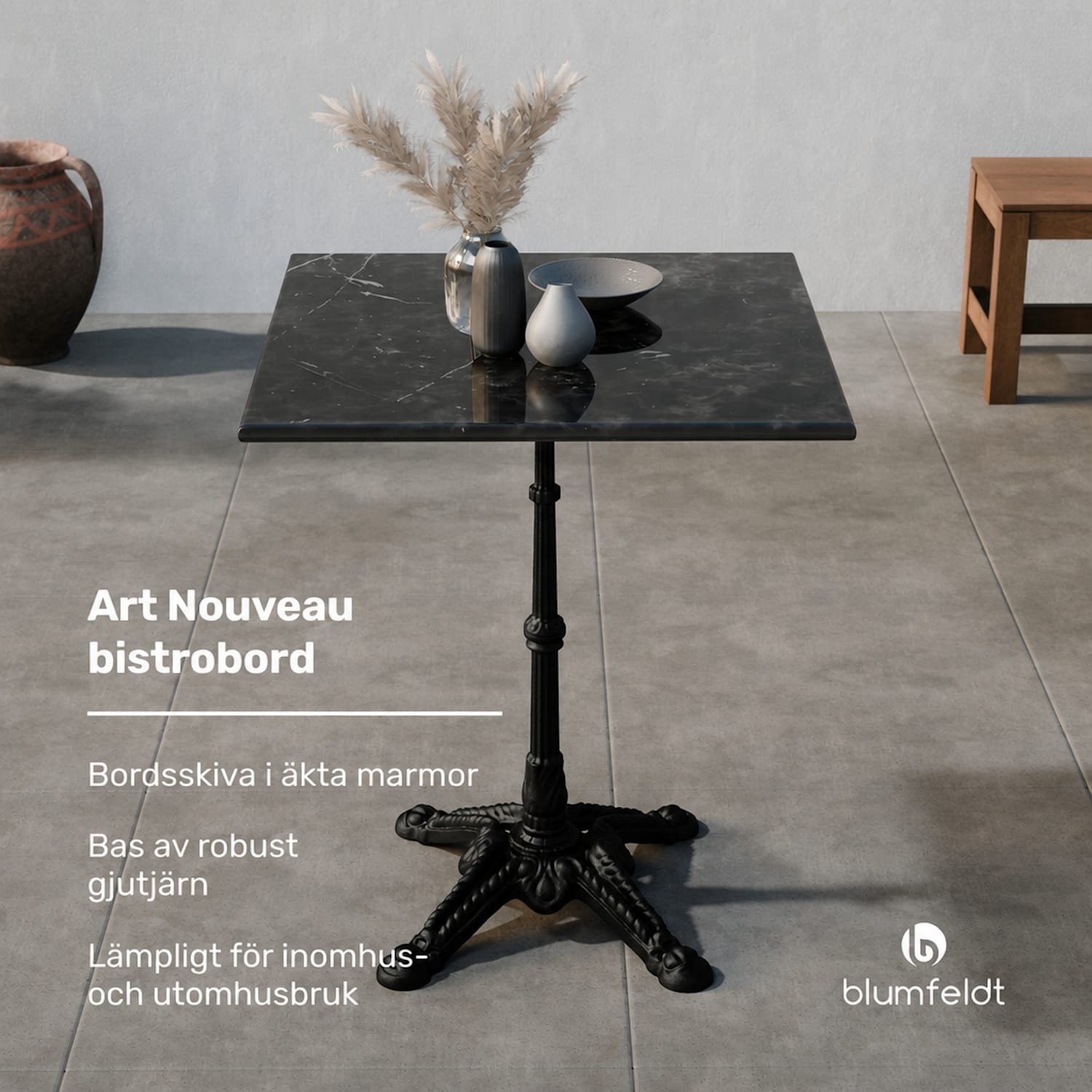 Patras bistrobord med marmorplatta 60 x 60 cm och gjutjärnsunderrede Svart