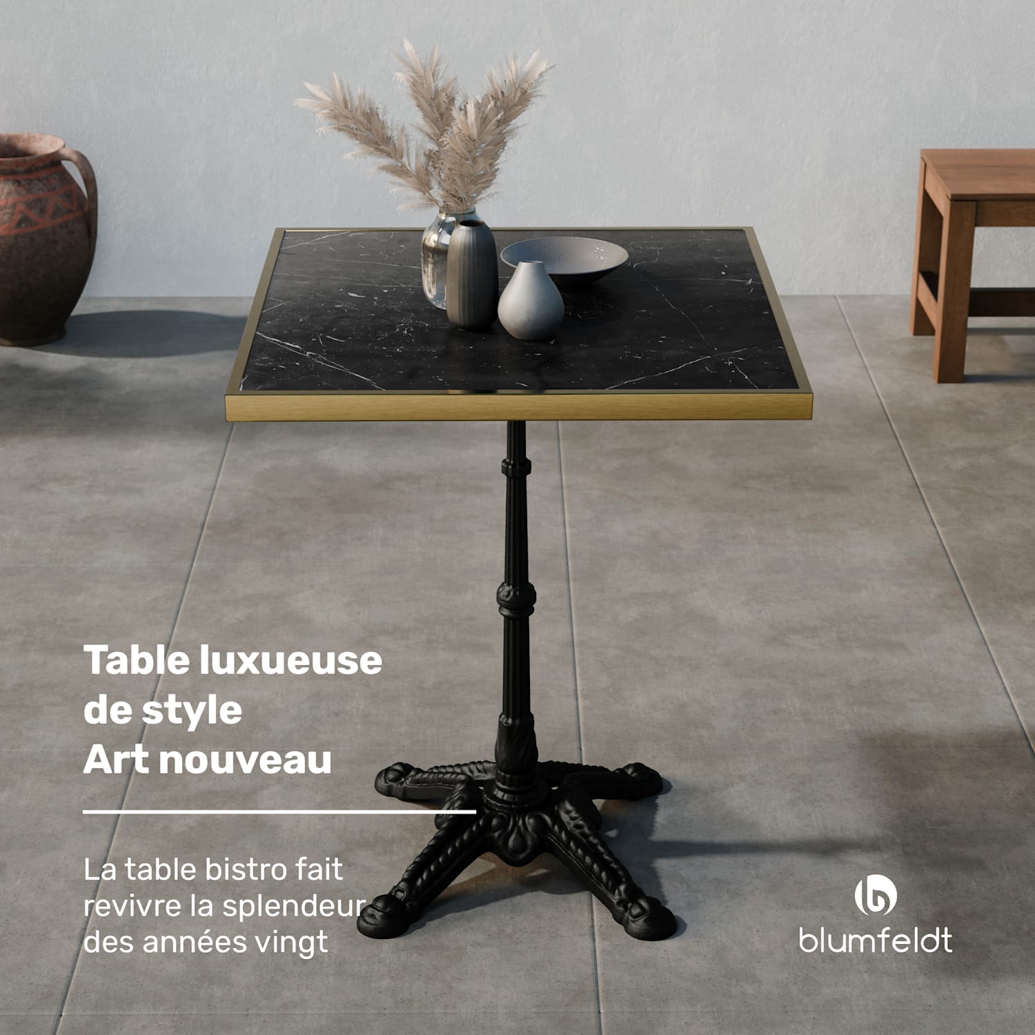 Patras Lux bistrotafel marmeren tafelblad 60 x 60 cm gietijzeren onderstel Zwart