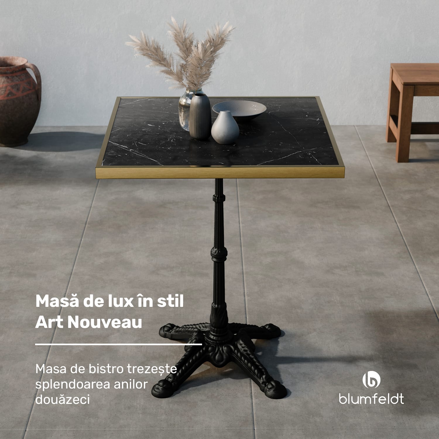 Patras Lux, masă de bistro, blat de marmură, 60 x 60 cm, bază din fontă Negru