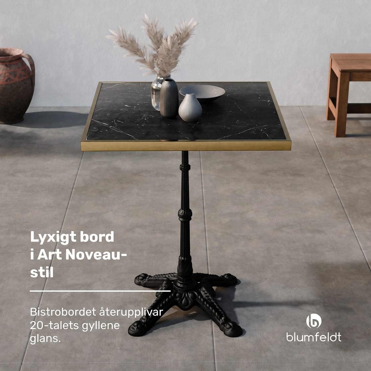 Patras Lux bistrobord med bordsskiva i marmor, 60 x 60 cm, med stativ i gjutjärn Svart