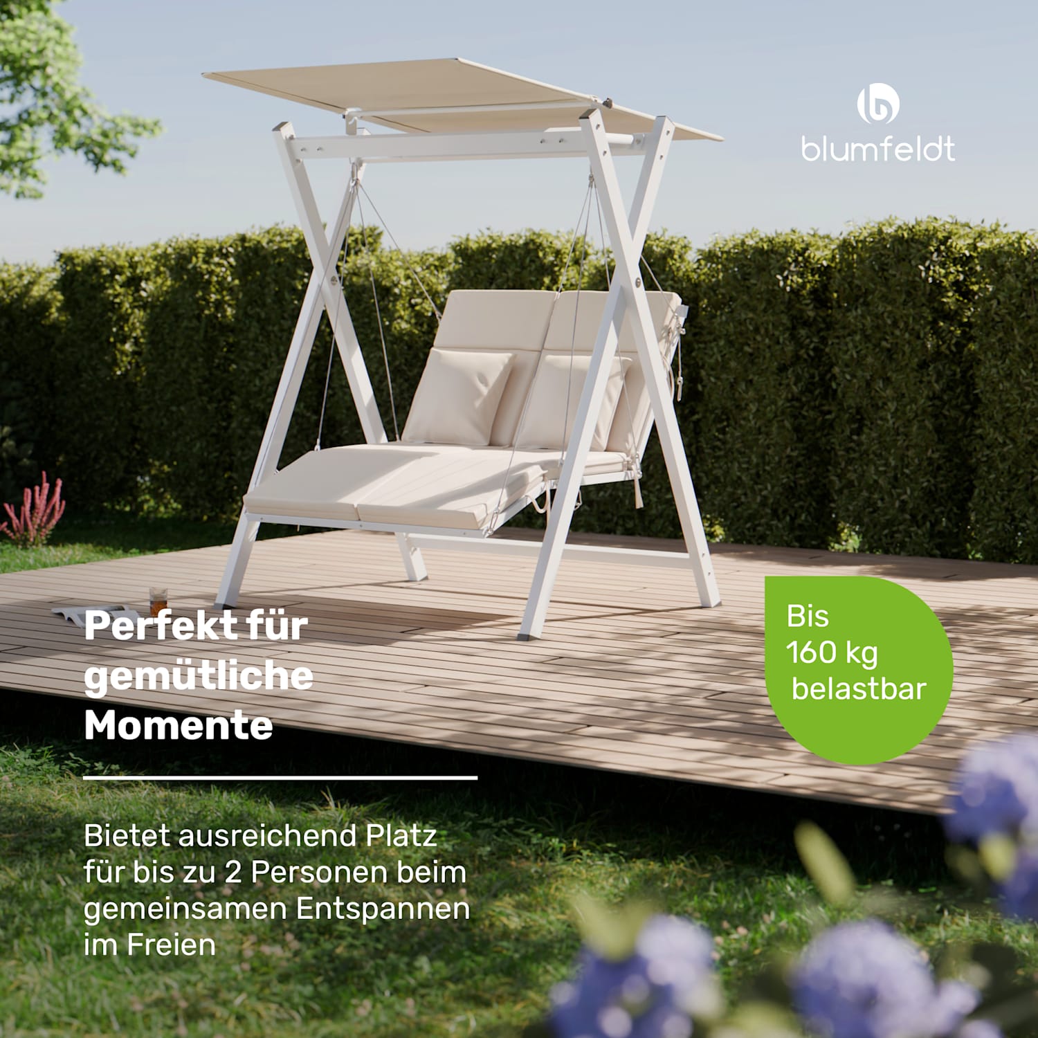 FlexiSwing Hollywoodschaukel 2-Sitzer verstellbare Rückenlehne + Sonnendach wetterfest 2-Sitzer | Beige