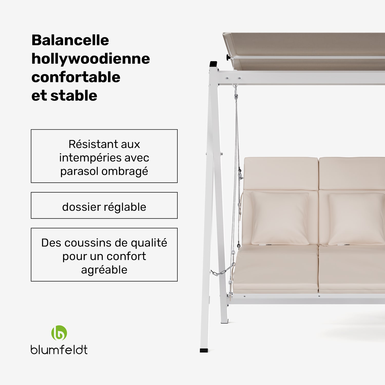 FlexiSwing Hollywoodschommel 2-zits verstelbare rugleuning + zonneluifel weerbestendig 2-zits | Beige