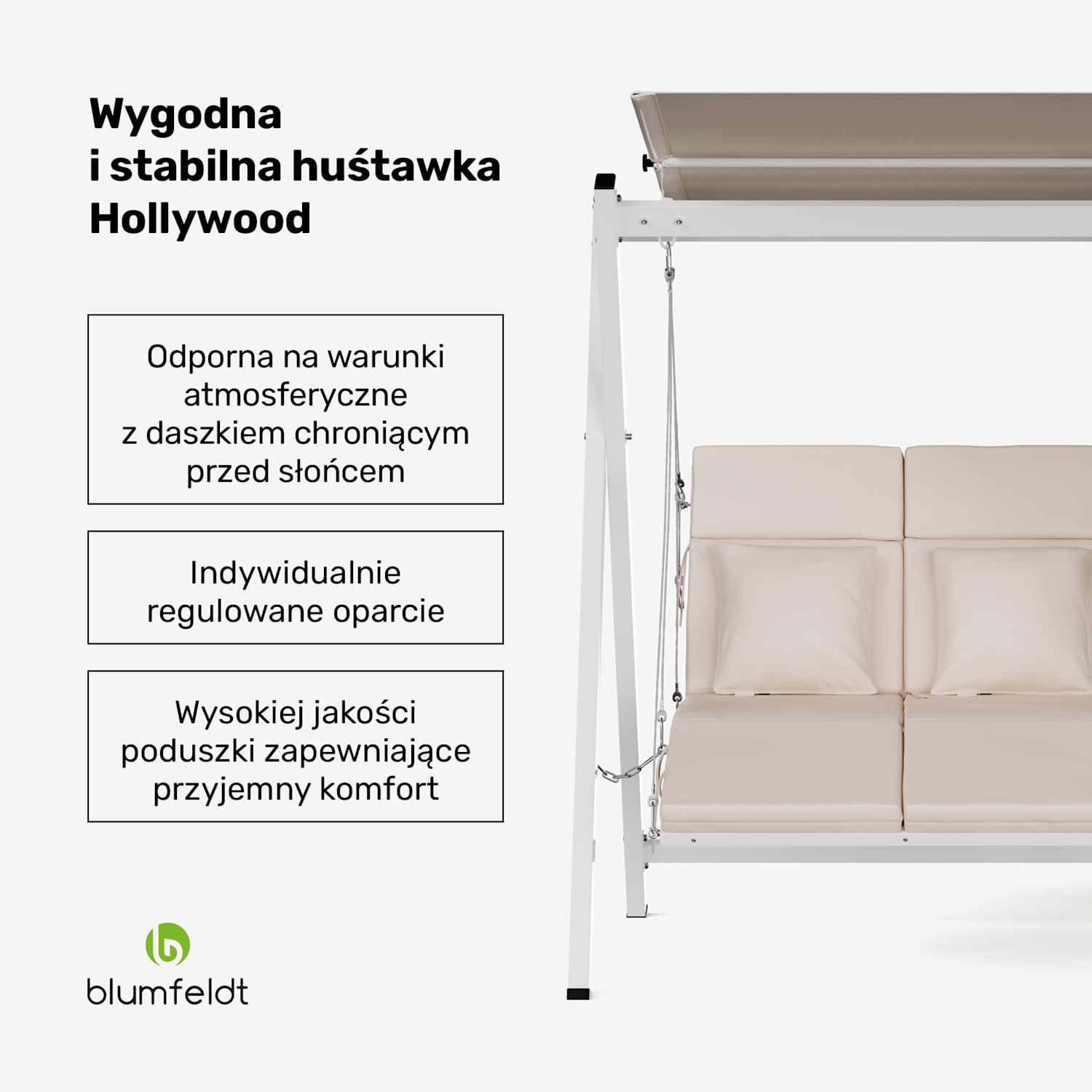 FlexiSwing huśtawka ogrodowa Hollywood 2-osobowa Regulowane oparcie + daszek Odporna na warunki atmosferyczne 2-miejscowy | Beż