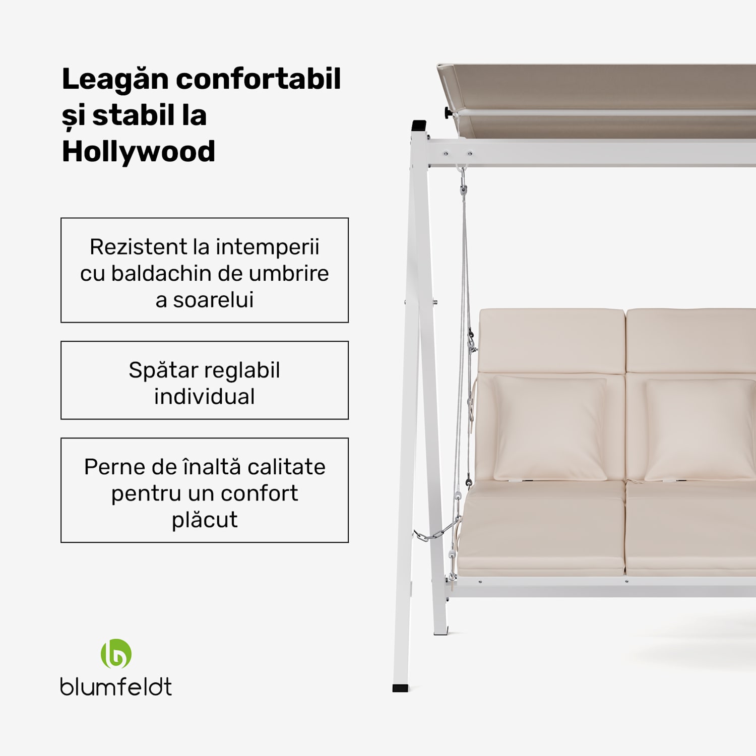 FlexiSwing, în stil Hollywood, cu 2 locuri, spătar reglabil, parasolar pentru soare, rezistent la intemperii 2 locuri | Bej
