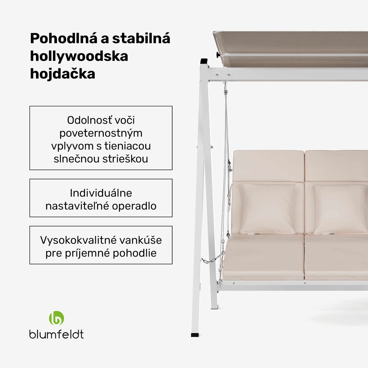 FlexiSwing hollywoodska hojdačka 2-miestna Nastaviteľné operadlo + slnečná strieška, odolná voči poveternostným vplyvom 2-miestne | Béžová