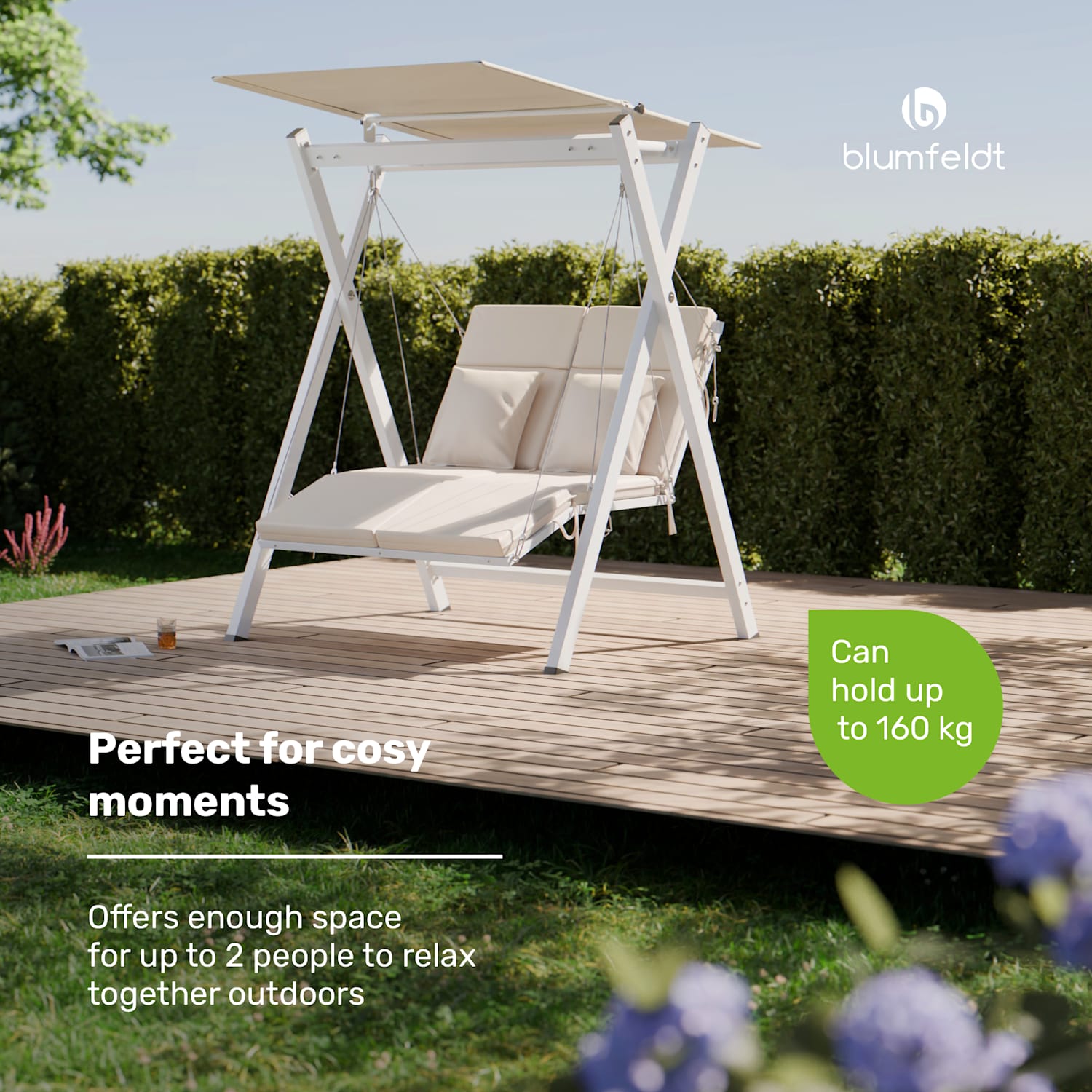 Baloiço Hollywood FlexiSwing de 2 lugares, com encosto regulável + toldo à prova de intempéries 2 lugares | Bege