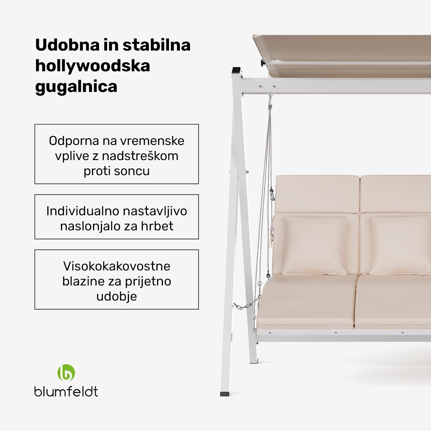 Gugalnik Hollywood FlexiSwing 3-sedežni, nastavljivo naslonjalo, nadstrešek, odporen na vremenske vplive 