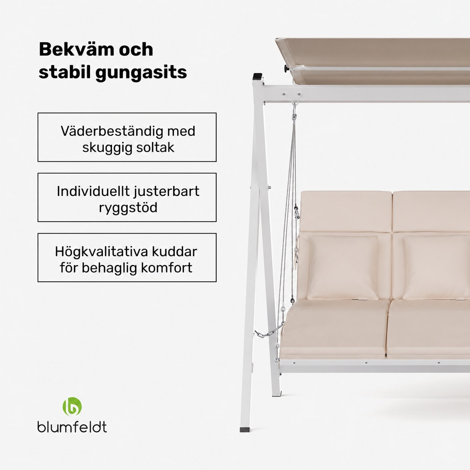 FlexiSwing Hollywood-gunga 3-sits med justerbar ryggstöd och väderskyddande solskydd 3-sits | Beige