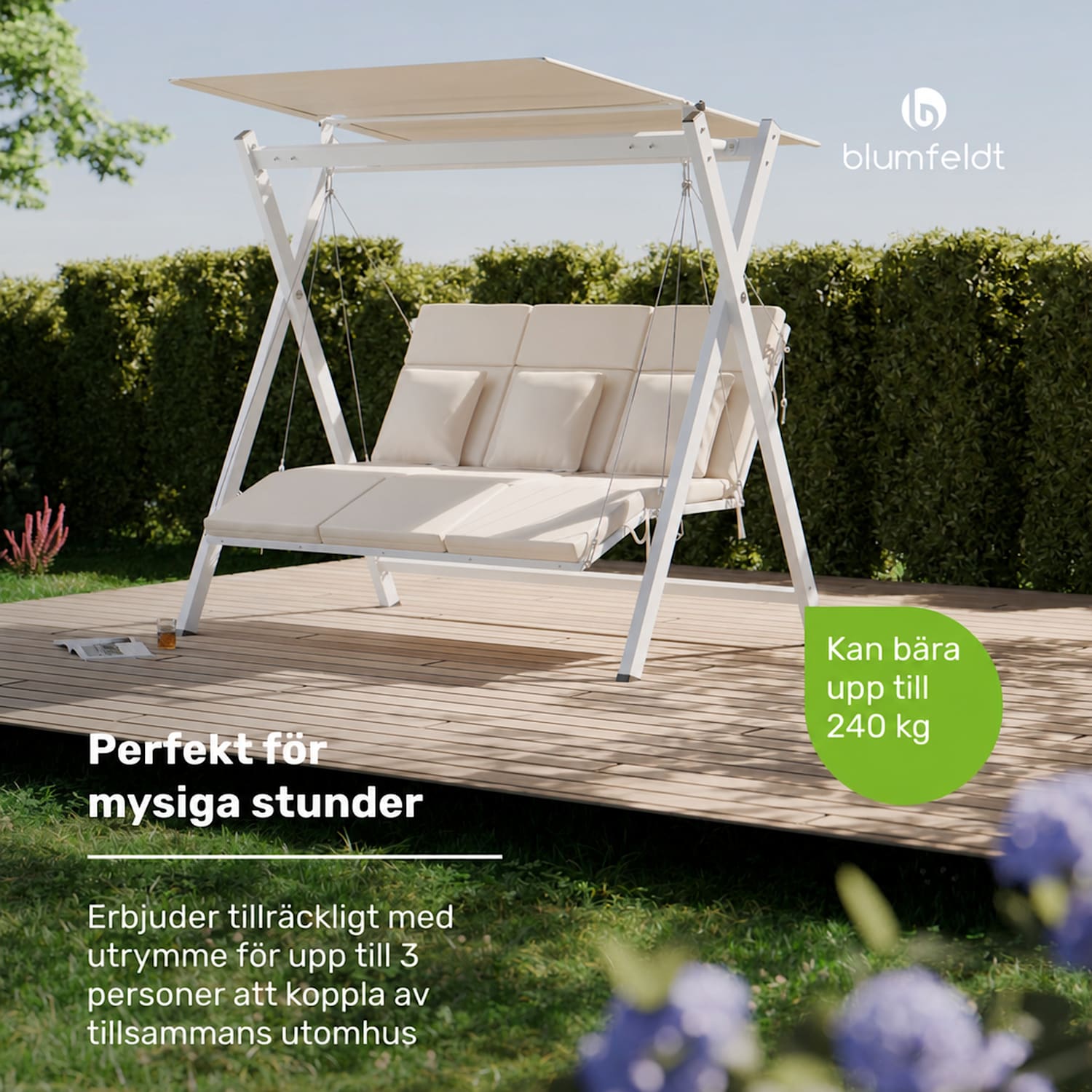FlexiSwing Hollywood-gunga 3-sits med justerbar ryggstöd och väderskyddande solskydd 3-sits | Beige