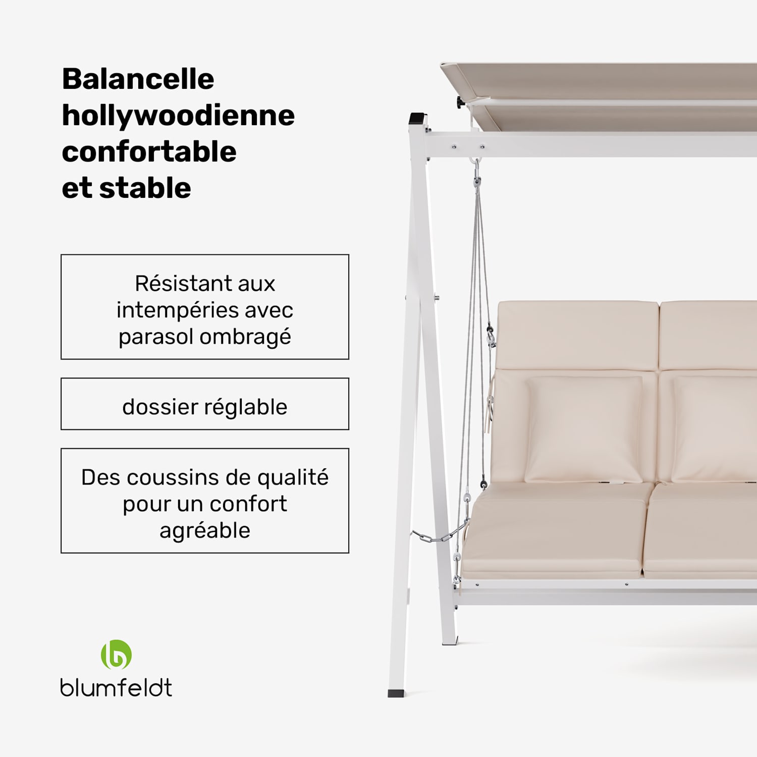 FlexiSwing Balancelle hollywoodienne 4 places dossier réglable + protection solaire résistant aux intempéries 4 places | Beige