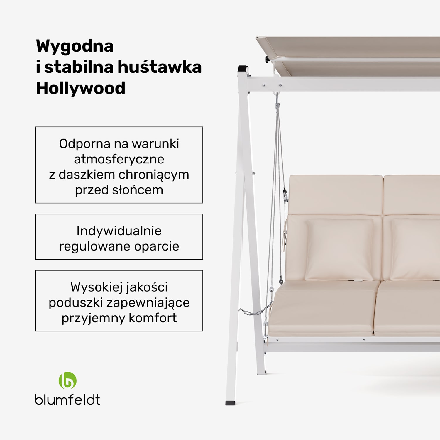 FlexiSwing huśtawka ogrodowa w stylu Hollywood 4-osobowa Regulowane oparcie + daszek Odporność na warunki atmosferyczne 4-miejscowy | Beż