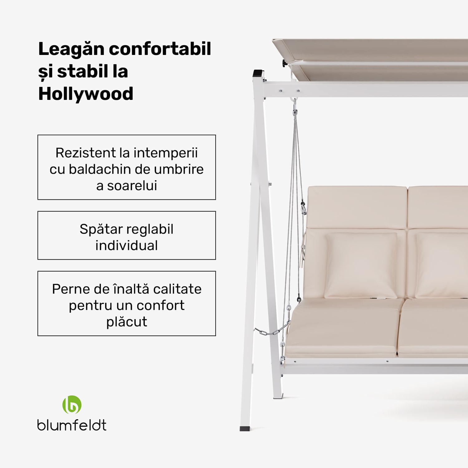 Leagăn hollywoodian FlexiSwing, 4 locuri, spătar reglabil + copertină solară, rezistent la intemperii 4 locuri | Bej