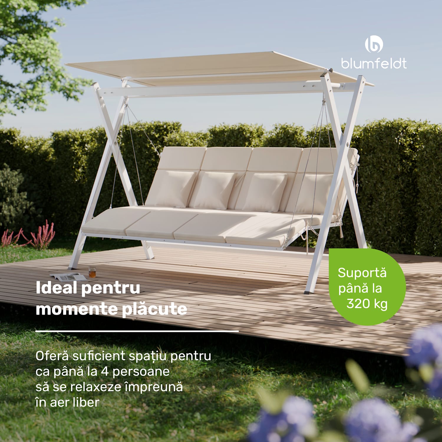Leagăn hollywoodian FlexiSwing, 4 locuri, spătar reglabil + copertină solară, rezistent la intemperii 4 locuri | Bej