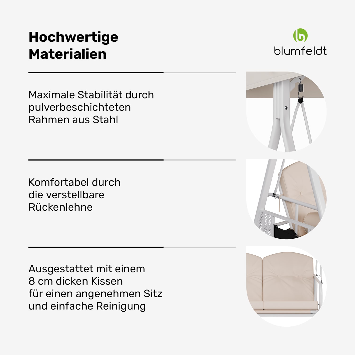 GrandSway Hollywoodschaukel 3er individuell einstellbar pulverbeschichtet Stahl wetterfest  Beige