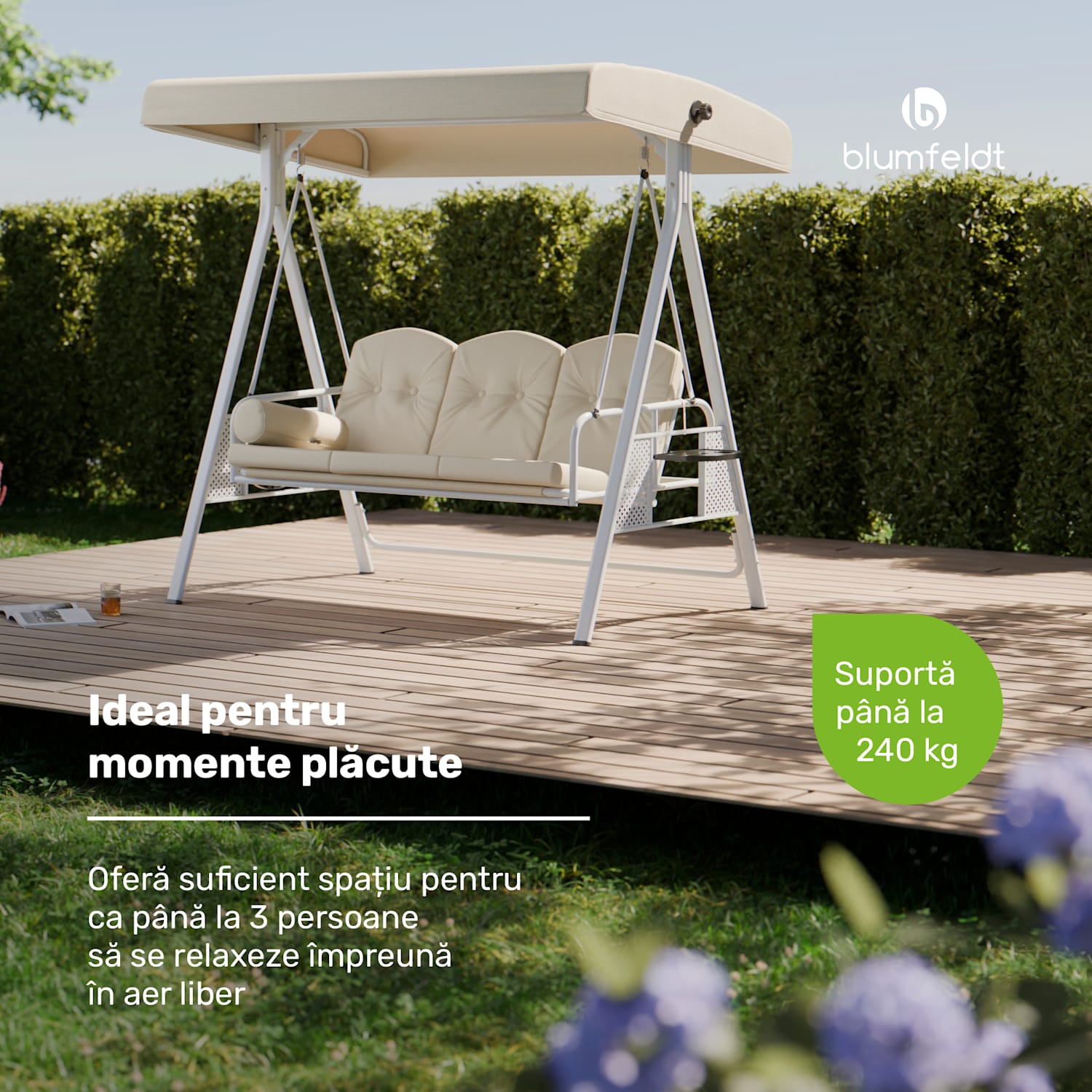 GranSway leagăn hollywoodian 3 locuri reglabil individual oțel cu acoperire pulbere rezistent la intemperii Bej