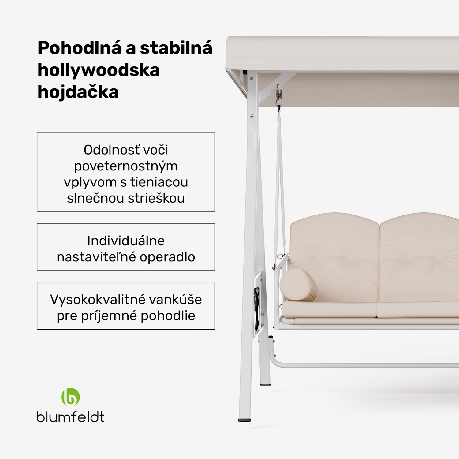 GranSway hollywoodska hojdačka 3-miestna Individuálne nastaviteľná Oceľ s práškovou povrchovou úpravou Odolná voči poveternostným vplyvom Béžová