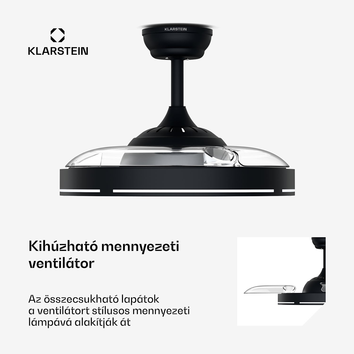 AirFold, Okos mennyezeti ventilátor, Behúzható szárnyak, Dimmelhető LED fény, Okos 107 cm (9-13 m²-es szobák) | WIFI + távirányító | Fekete