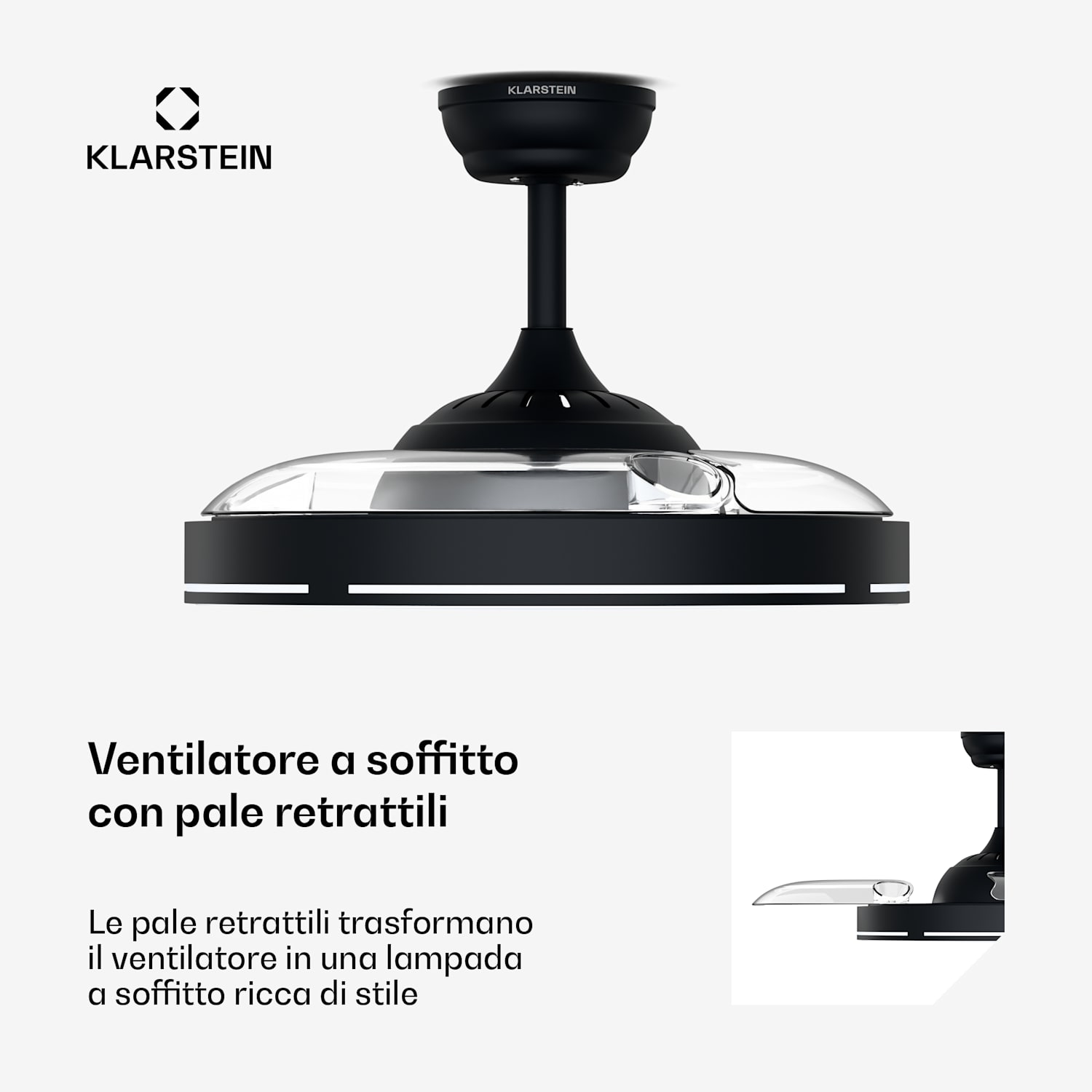 AirFold | Ventilatore da soffitto intelligente | Pale retrattili | Luce LED dimmerabile | Smart 107 cm (stanze 9-13 m²) | WIFI + telecomando | Nero