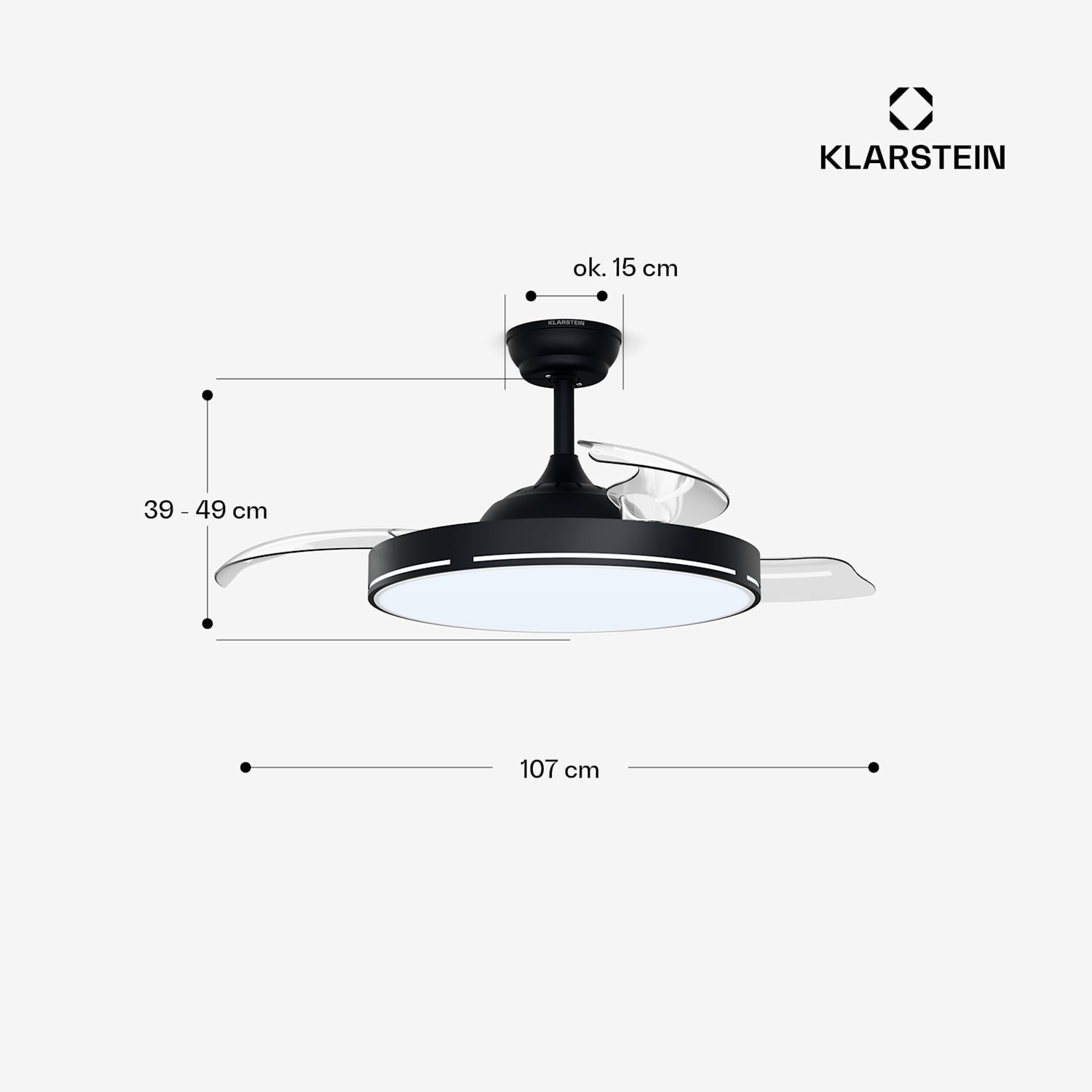 AirFold, Inteligentny wentylator sufitowy, Składane łopatki, Ściemnialne oświetlenie LED, Smart 107cm (pomieszczenia 9-13m²) | WIFI + Pilot zdalnego sterowania | Czarny