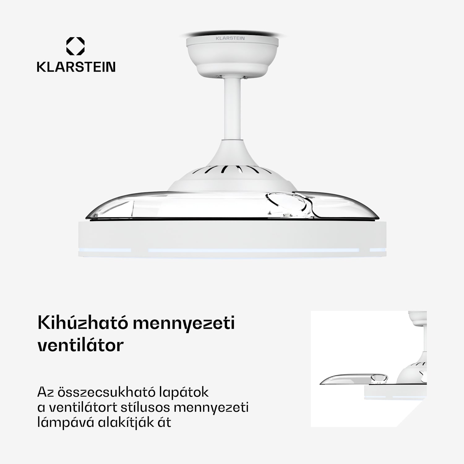 AirFold, Okos mennyezeti ventilátor, Behúzható szárnyak, Dimmelhető LED világítás, Okos 107 cm (9-13 m²-es szobák) | WIFI + távirányító | Fehér