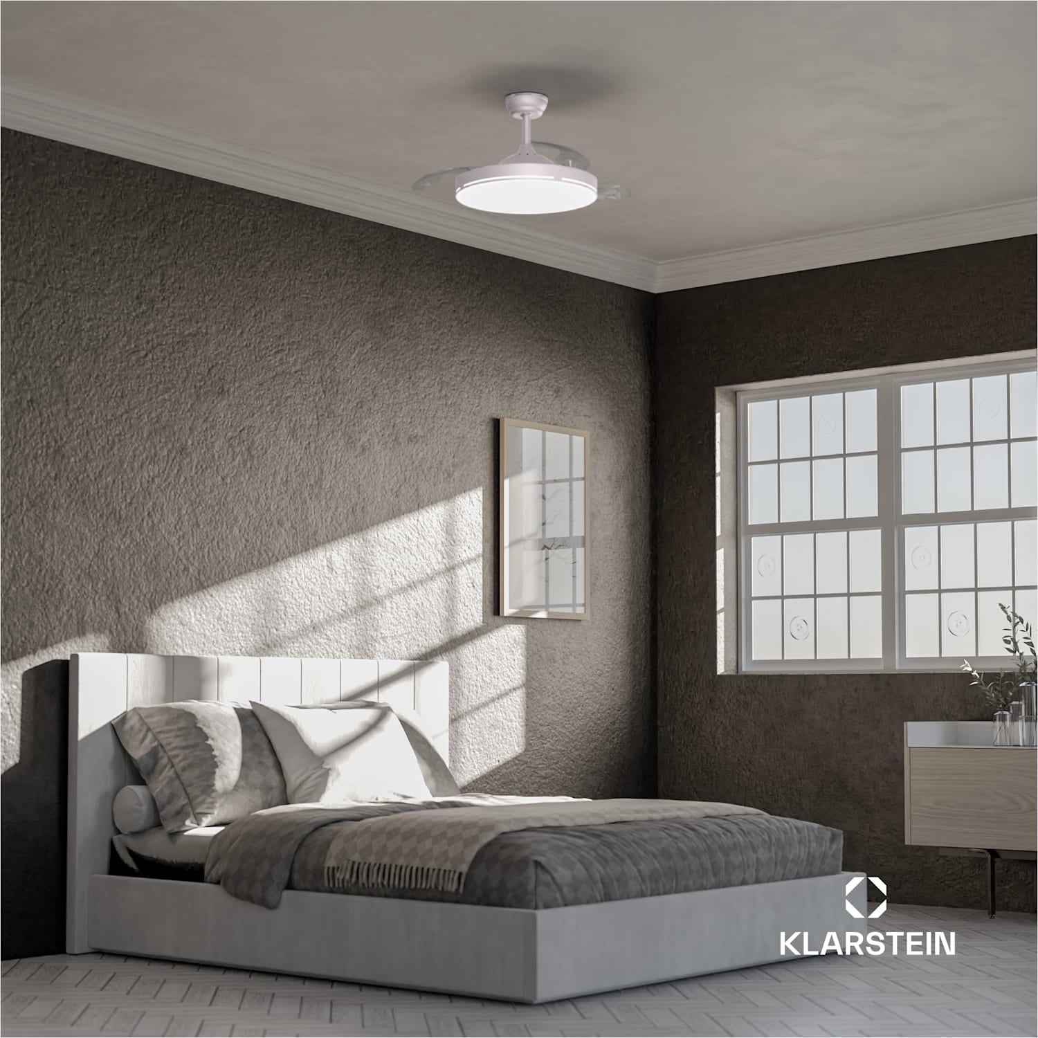 AirFold, Okos mennyezeti ventilátor, Behúzható szárnyak, Dimmelhető LED világítás, Okos 107 cm (9-13 m²-es szobák) | WIFI + távirányító | Fehér