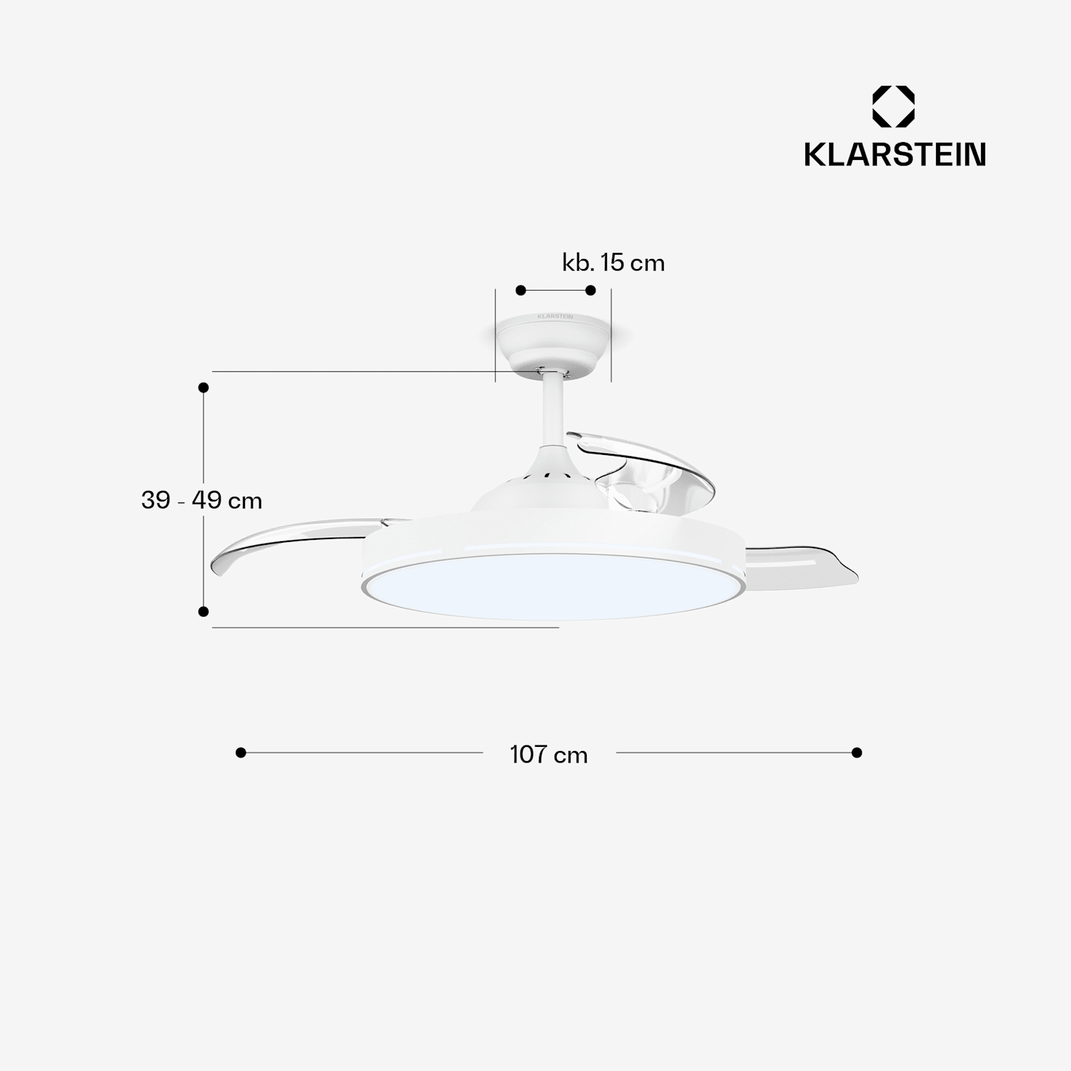 AirFold, Okos mennyezeti ventilátor, Behúzható szárnyak, Dimmelhető LED világítás, Okos 107 cm (9-13 m²-es szobák) | WIFI + távirányító | Fehér