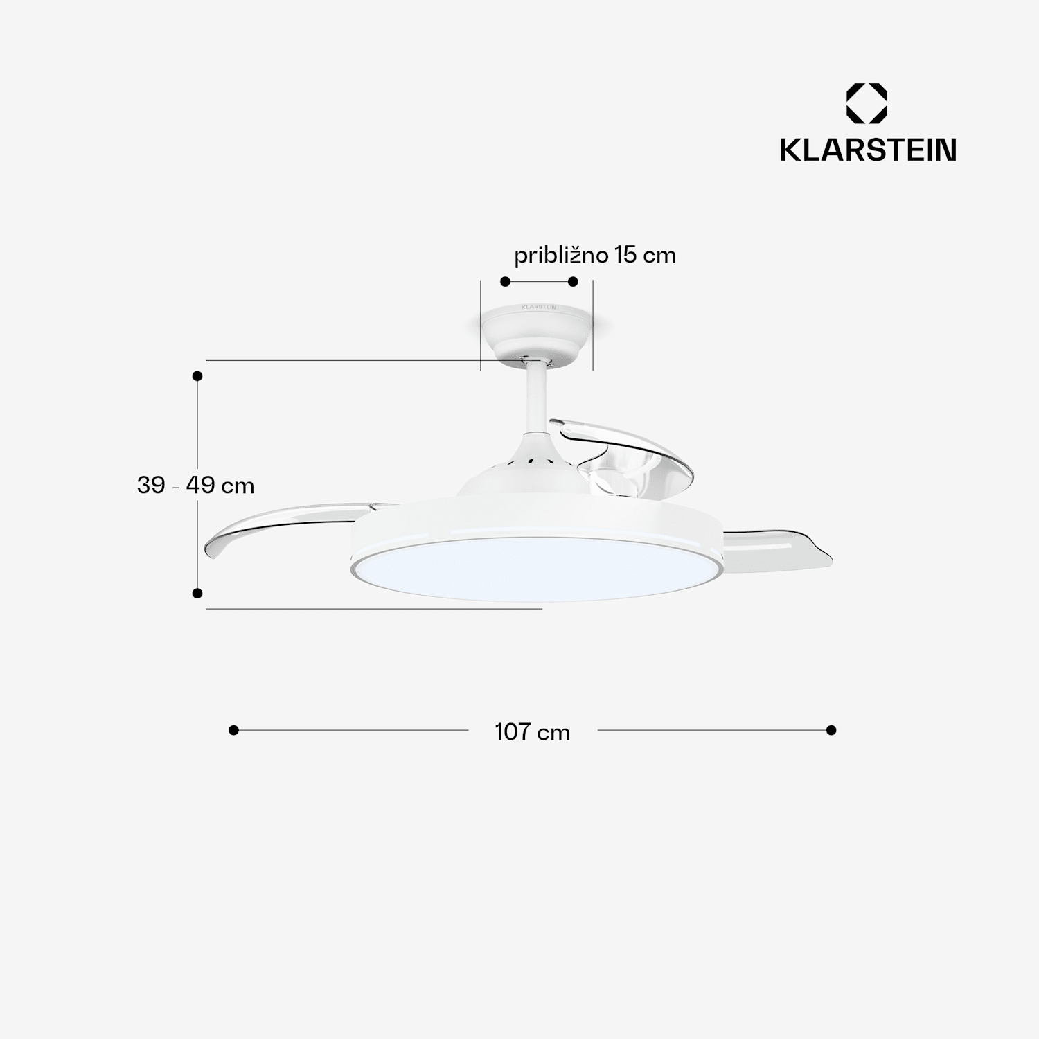 AirFold, Pametni stropni ventilator, Zložljive lopatice, LED luč z možnostjo zatemnitve, Pametno 107 cm (sobe 9-13 m²) | WIFI + daljinski upravljalnik | Bela