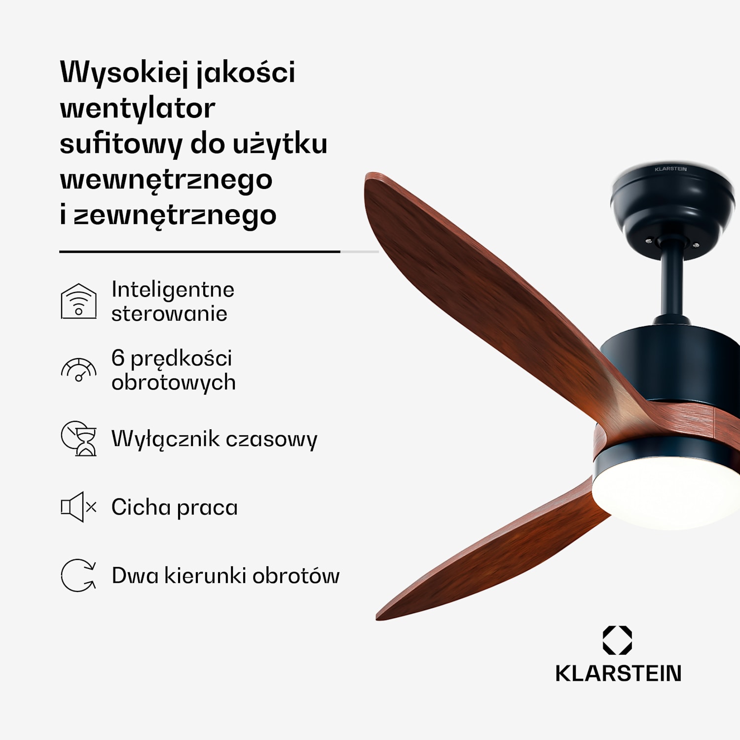 SkyBreeze Smart wentylator sufitowy, do użytku wewnątrz pomieszczeń i na zewnątrz, inteligentne sterowanie, IP44, 40 dB 132 cm (pomieszczenia 13–25 m²) | WIFI + Pilot zdalnego sterowania | Orzech Włoski
