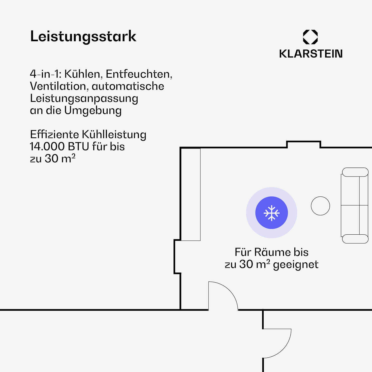 AireLux tragbare Klimaanlage | 14.000 BTU | Smart Control | Modern Grau