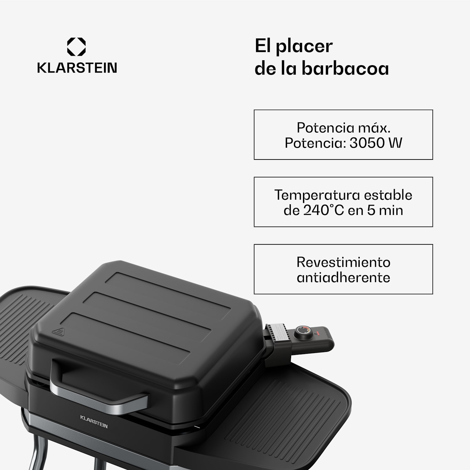 Grill eléctrico Gatsby | Interior y Exterior | 3050 W | Concepto EasyGrill | Hasta 240 °C Negro / Plata Metálica
