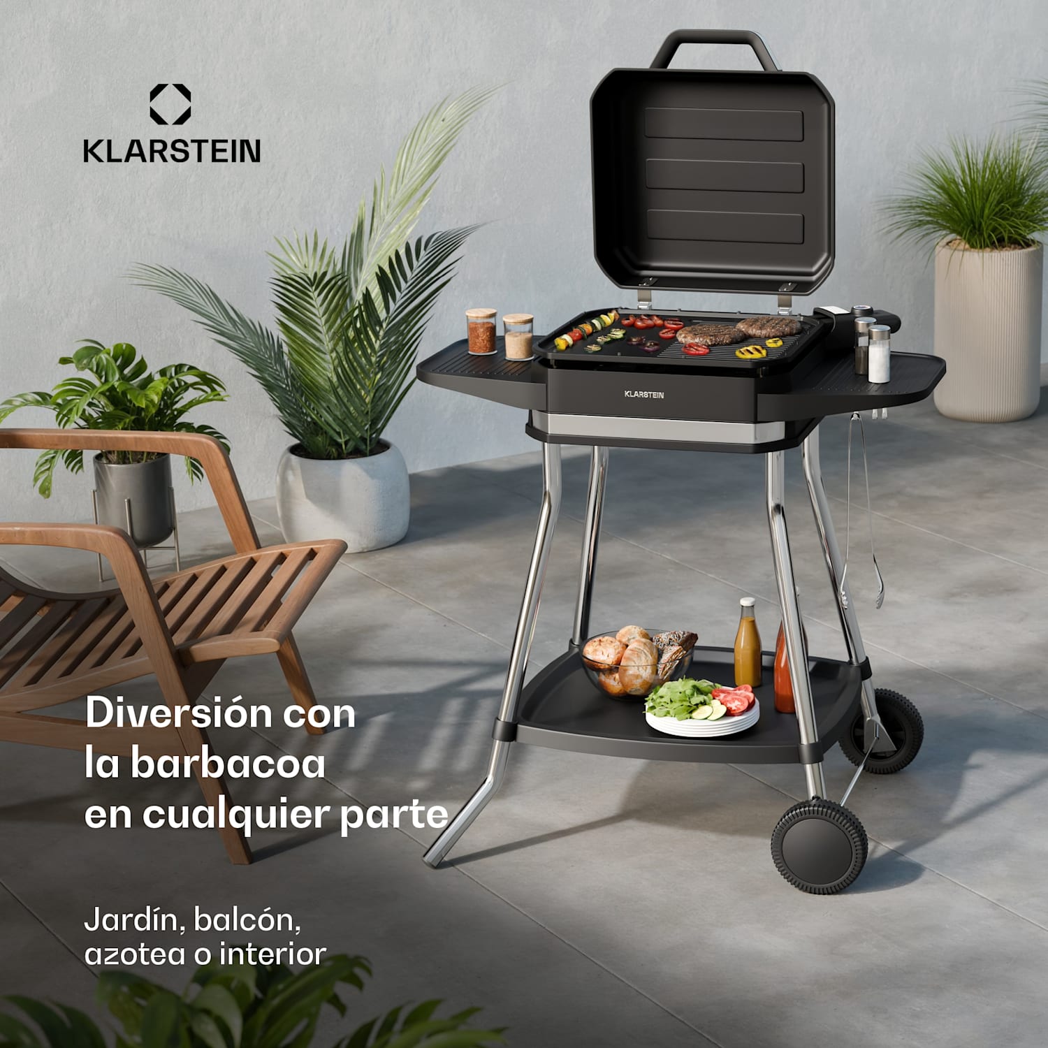 Grill eléctrico Gatsby | Interior y Exterior | 3050 W | Concepto EasyGrill | Hasta 240 °C Negro / Plata Metálica