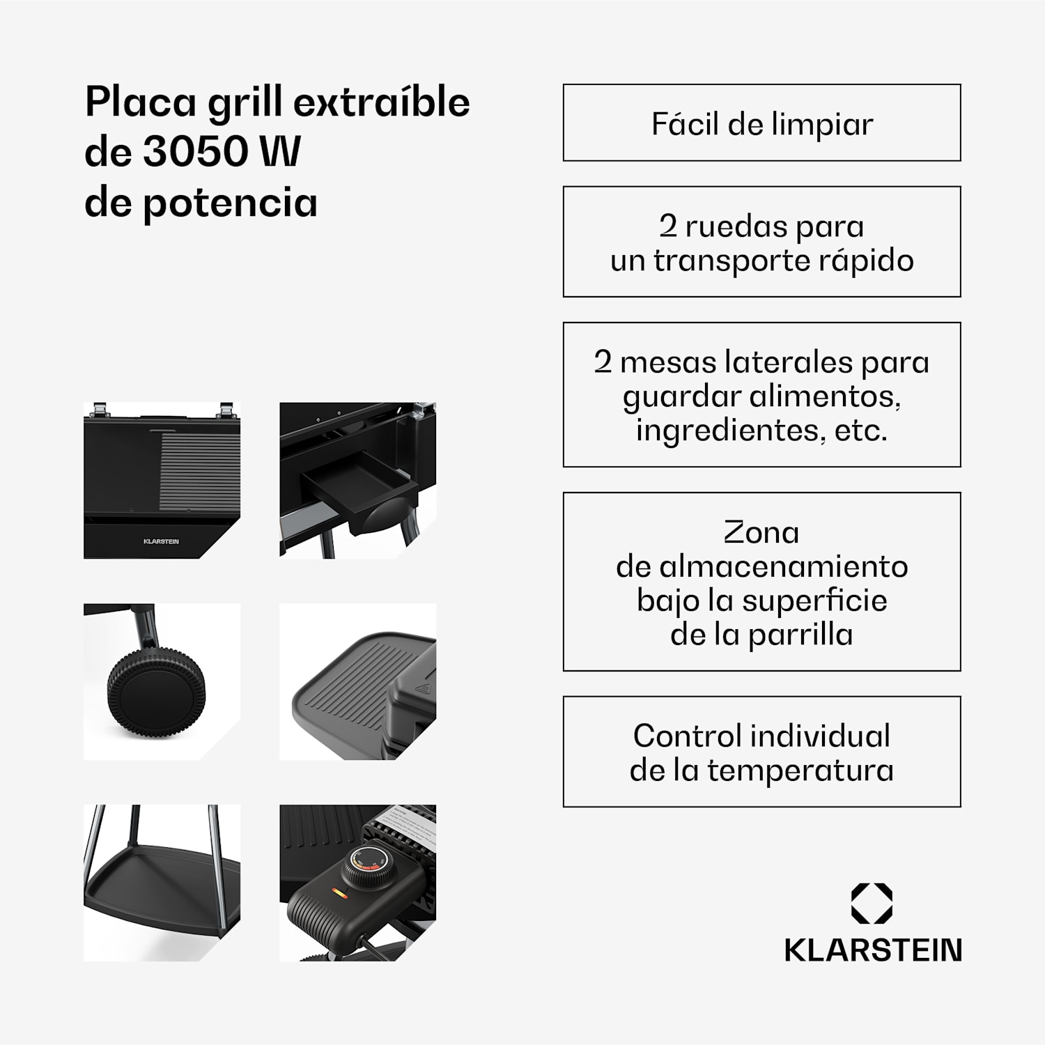 Grill eléctrico Gatsby | Interior y Exterior | 3050 W | Concepto EasyGrill | Hasta 240 °C Negro / Plata Metálica