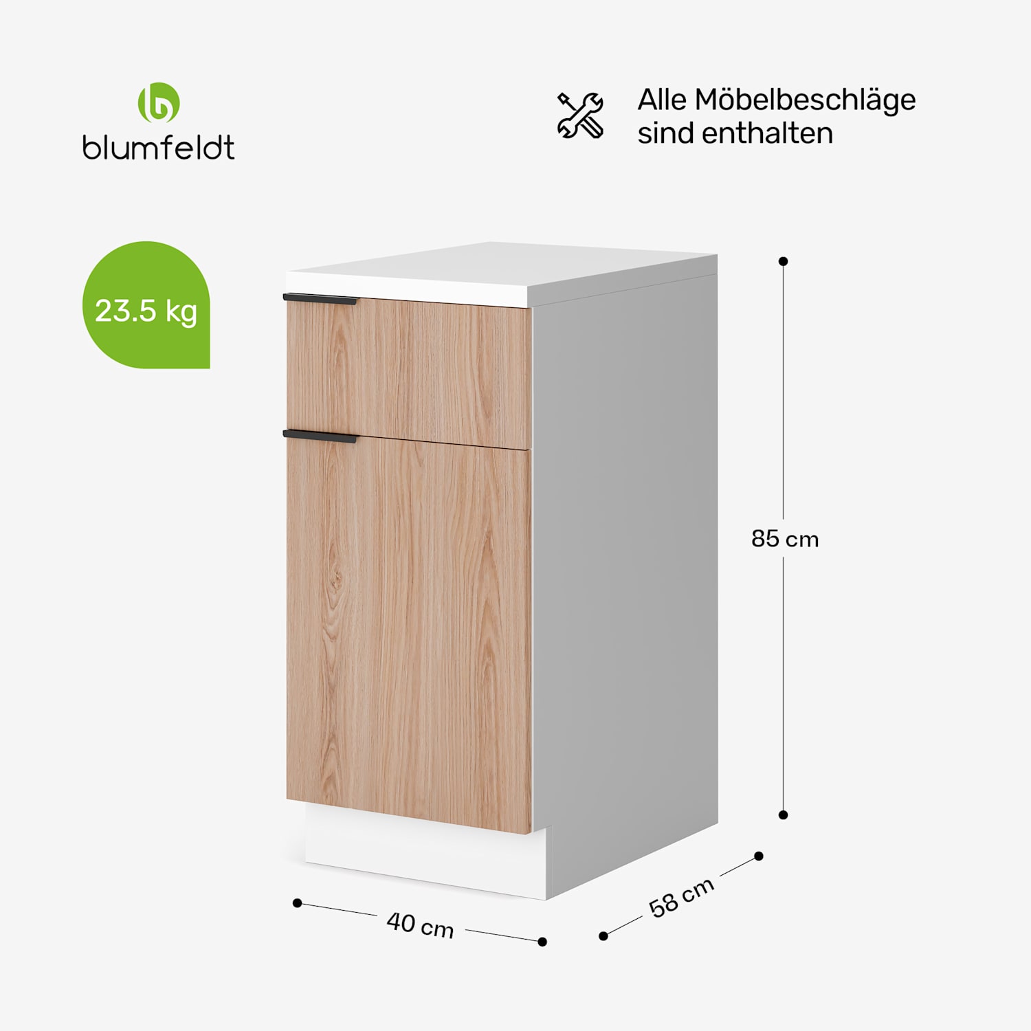 WoodVista Cassettiera | Piano di lavoro in MDF robusto | Cerniere Soft-Close | Maniglie in alluminio Cassettiera | Bianco / Rovere