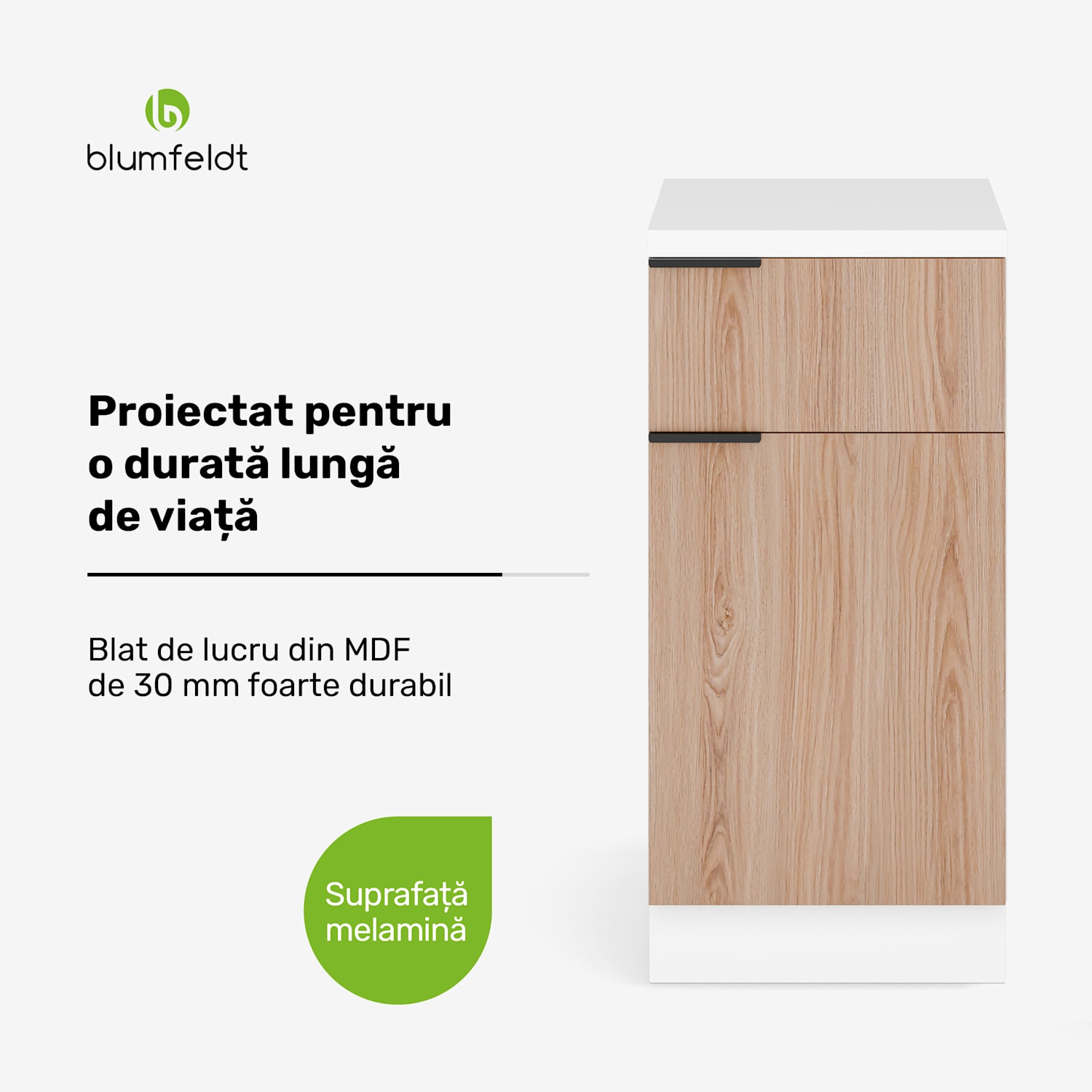 WoodVista dulap cu sertare, Blat de lucru MDF robust, Uși cu închidere moale, Mânere din aluminiu Dulap cu sertare | Alb / Stejar