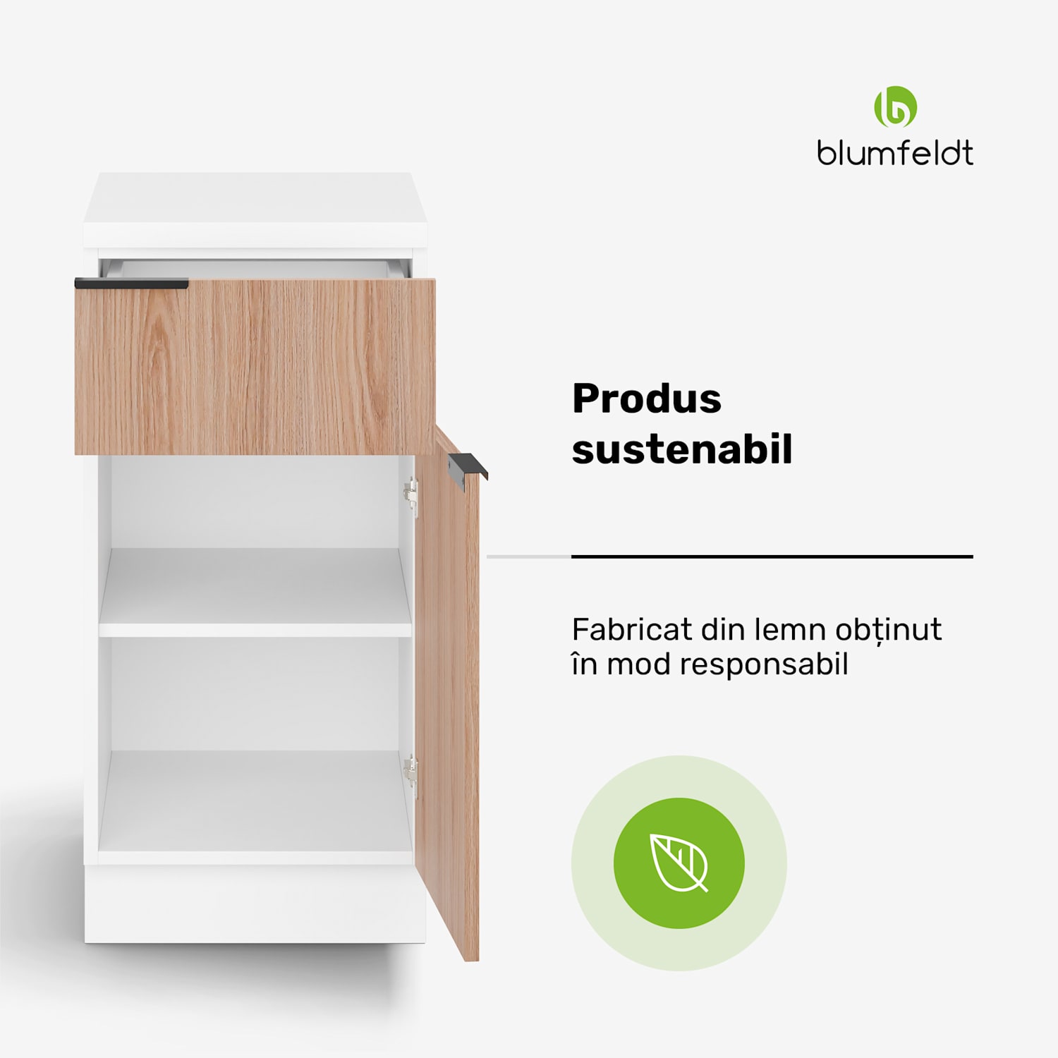 WoodVista dulap cu sertare, Blat de lucru MDF robust, Uși cu închidere moale, Mânere din aluminiu Dulap cu sertare | Alb / Stejar