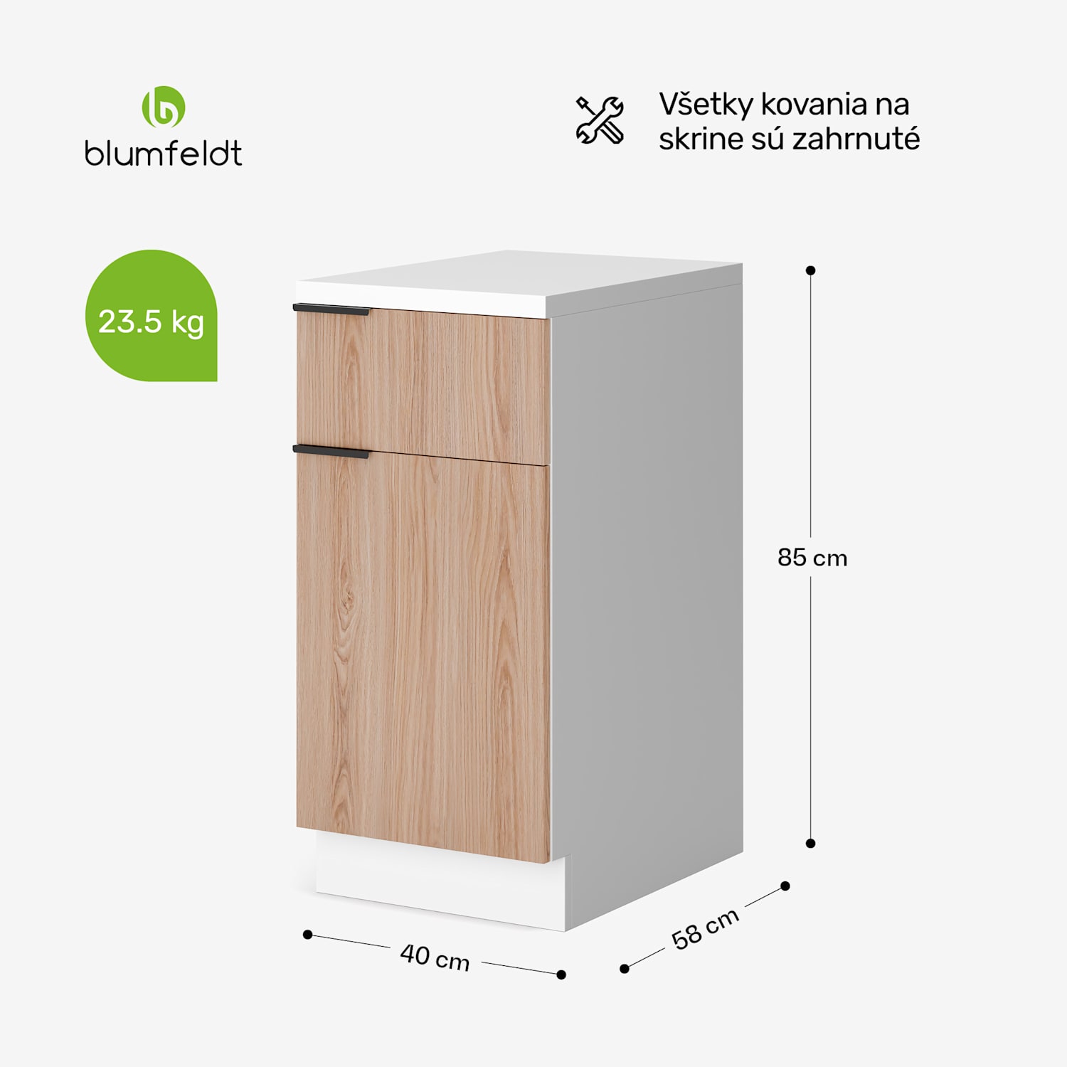 WoodVista zásuvková skriňa, Robustná MDF pracovná doska, Soft-Close pánty, Hliníkové úchyty Zásuvková skrinka | Biela / Dub