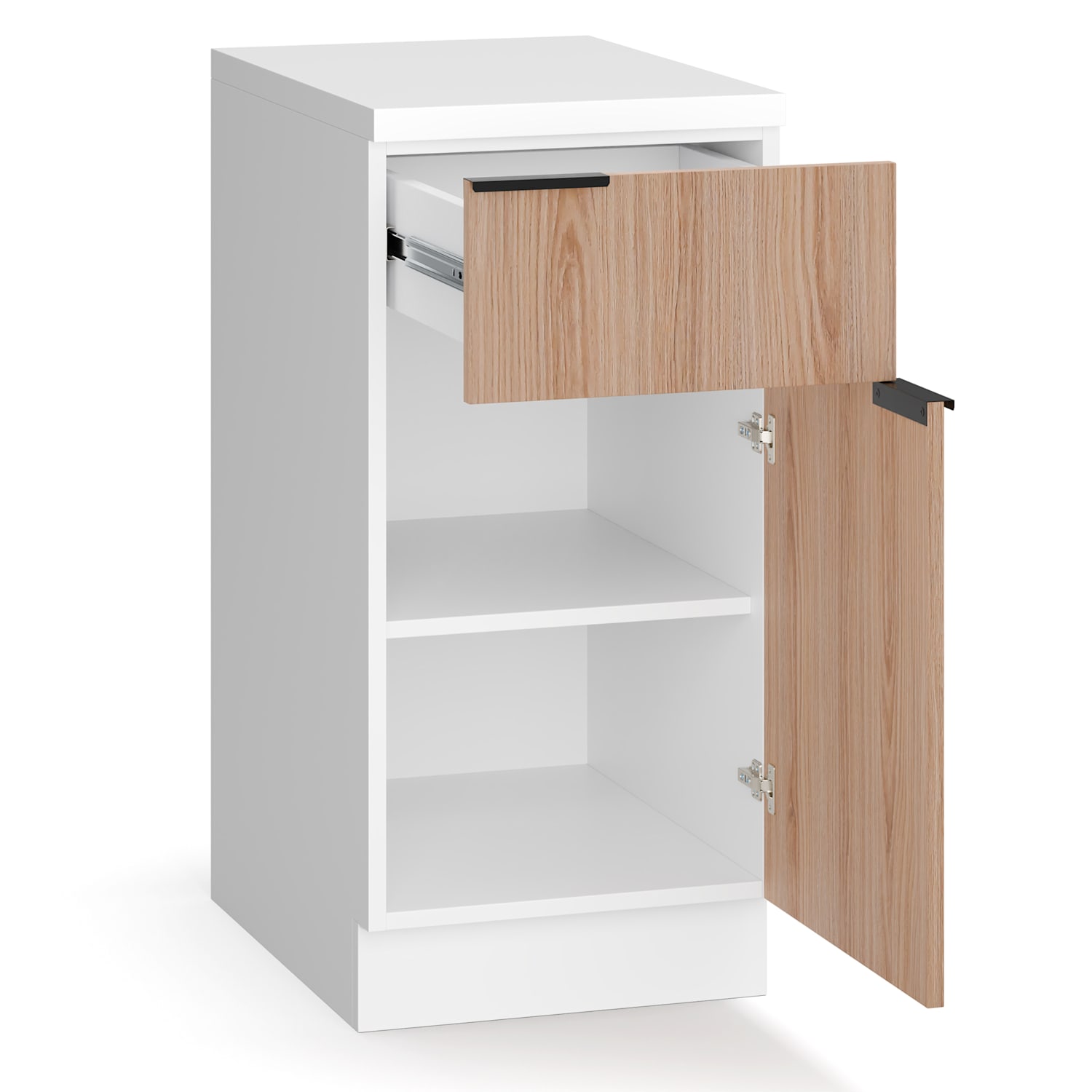 WoodVista zásuvková skriňa, Robustná MDF pracovná doska, Soft-Close pánty, Hliníkové úchyty Zásuvková skrinka | Biela / Dub