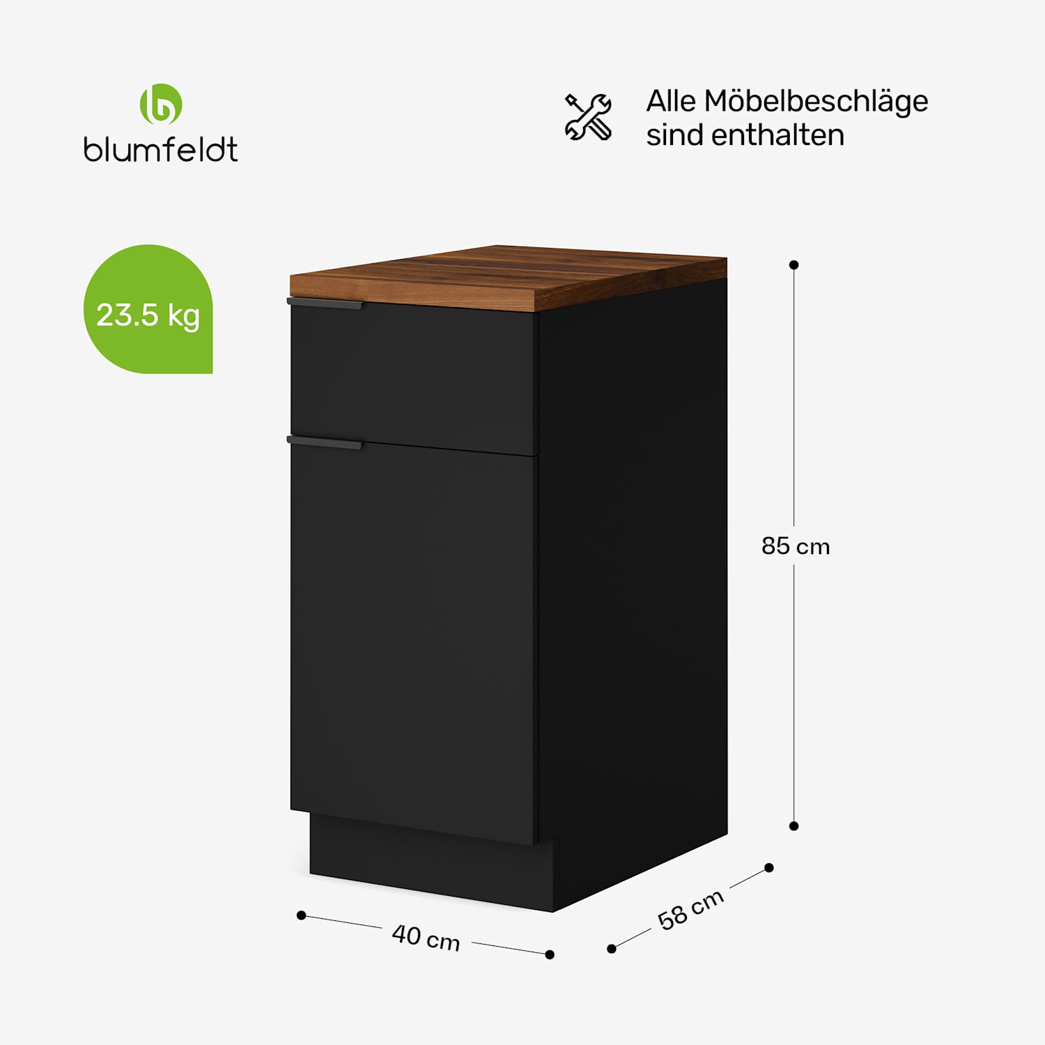 WoodVista Cassettiera | Piano di lavoro in MDF robusto | Cerniere Soft-Close | Maniglie in alluminio Cassettiera | Noce/Nero