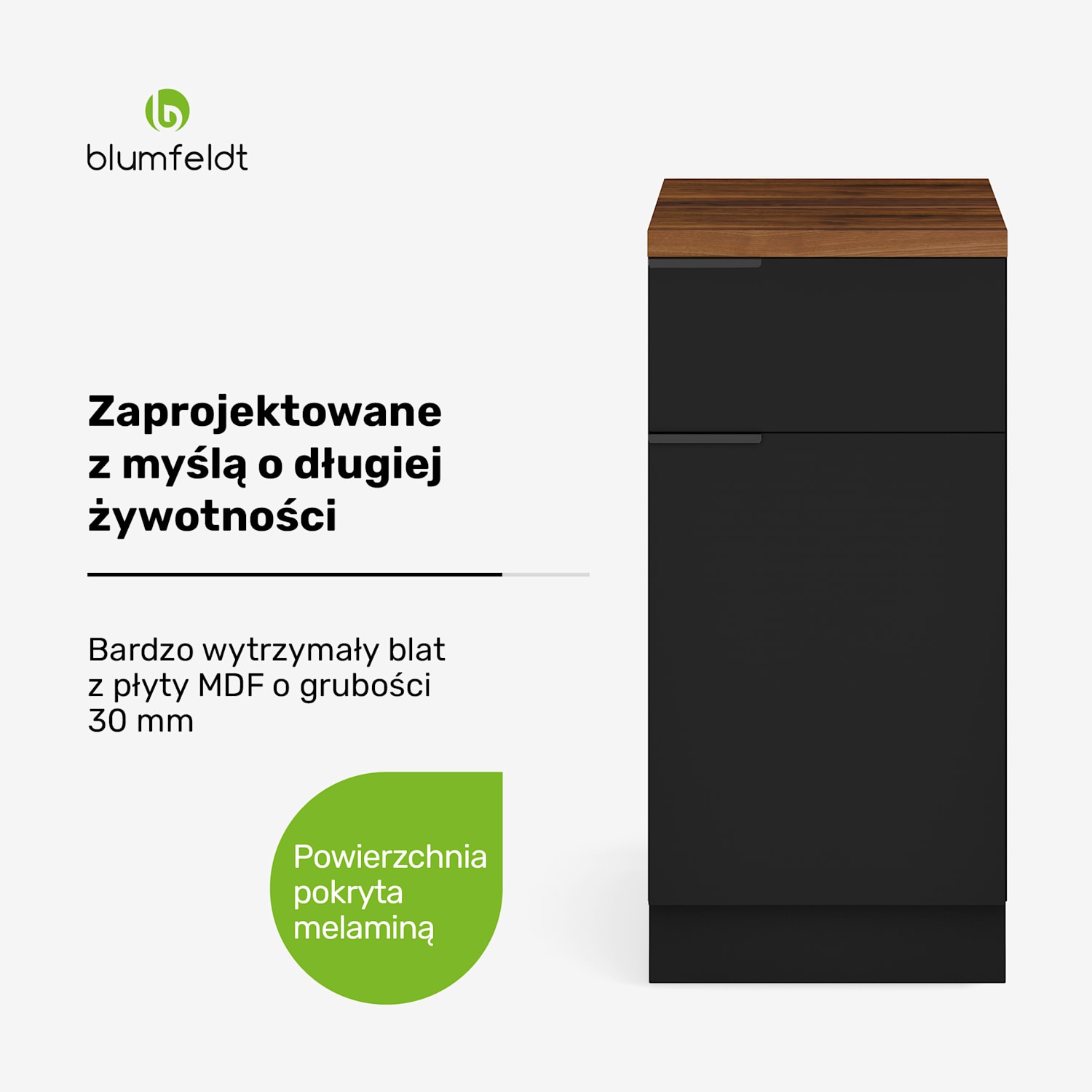 WoodVista szafka kuchenna z szufladami, Solidny blat MDF, Cichy domyk, Aluminiowe uchwyty Szafka z szufladami | Orzech / czerń