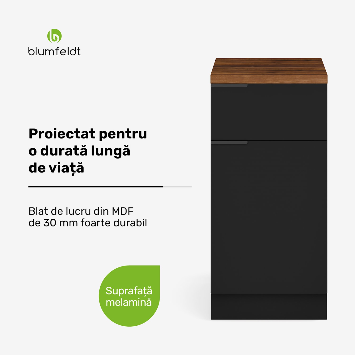 WoodVista sertar cu blatul de lucru din MDF robust, Uși cu închidere lentă, Mânere din aluminiu Dulap cu sertare | Nuc / negru